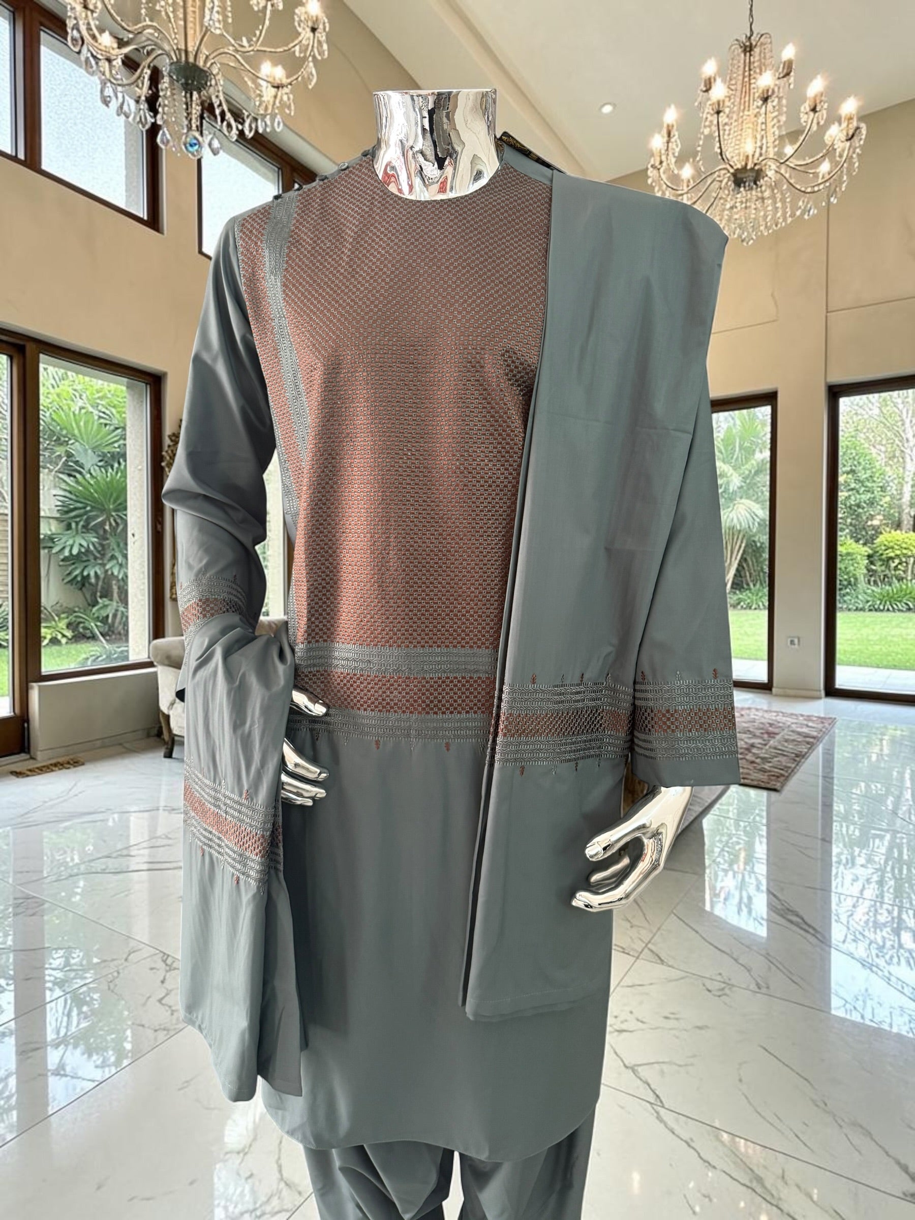 Medium Premium Olive Green & Brown Machine Embroidered Parahan Tunban Set with Matching Chadder