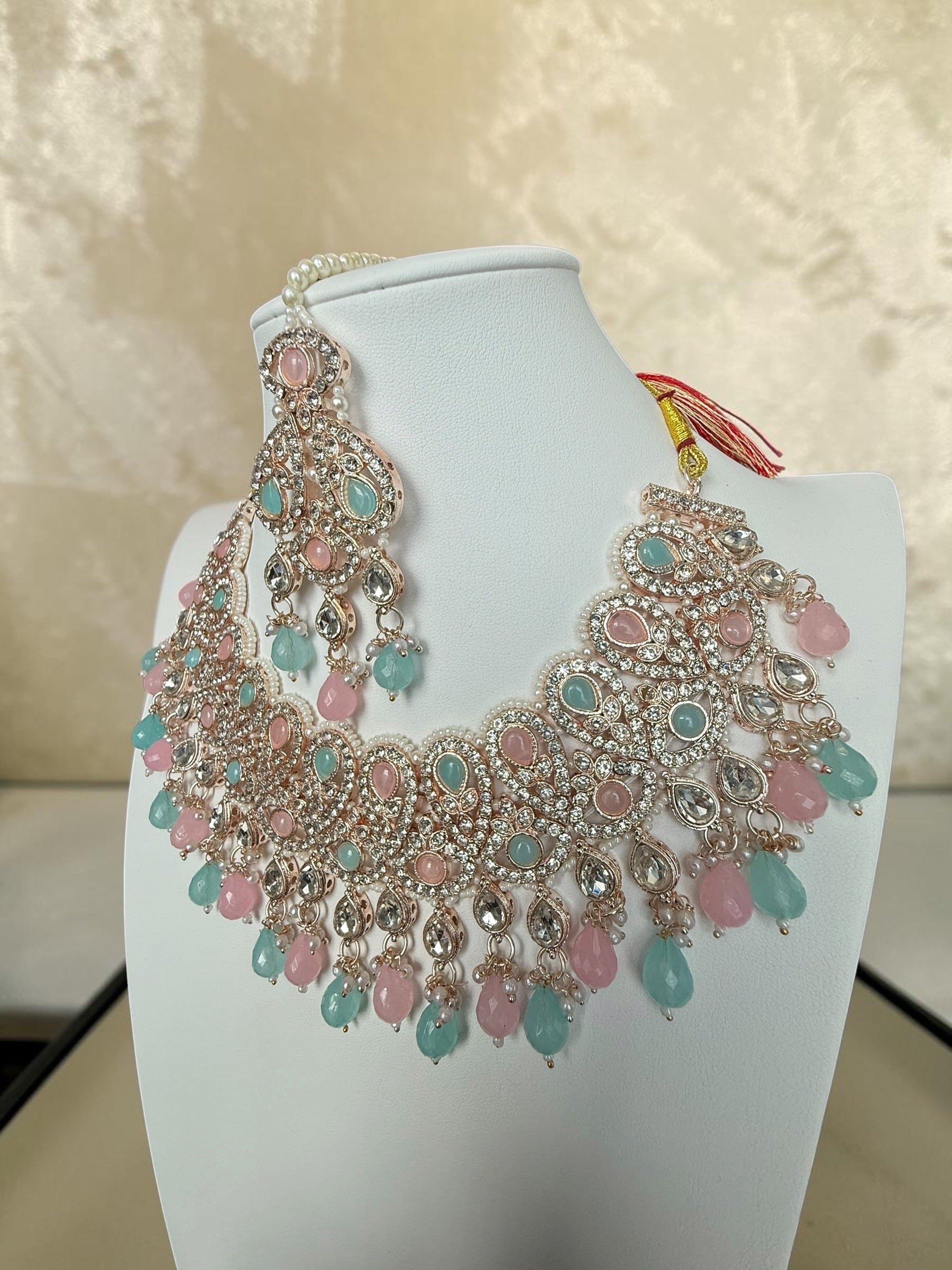 Pastel Pink & Aqua Kundan Bridal Jewelry Set with Earrings and Maang Tikka | Rose Gold Indian Pakistani Afghan Wedding Necklace | Gift Box Included 6051
