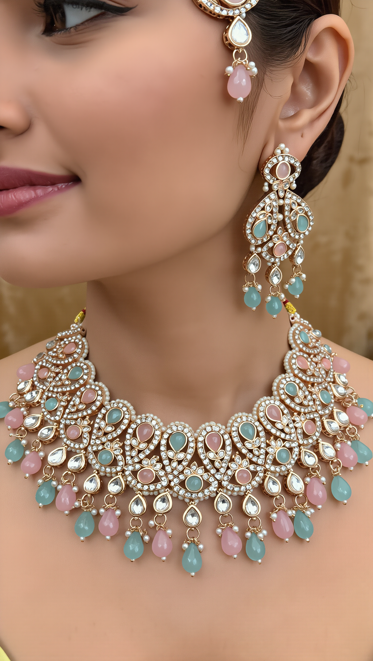 Pastel Pink & Aqua Kundan Bridal Jewelry Set with Earrings and Maang Tikka | Rose Gold Indian Pakistani Afghan Wedding Necklace | Gift Box Included 6051