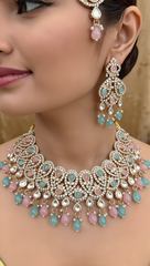 Pastel Pink & Aqua Kundan Bridal Jewelry Set with Earrings and Maang Tikka | Rose Gold Indian Pakistani Afghan Wedding Necklace | Gift Box Included 6051