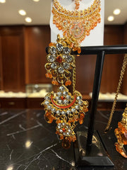 Golden Sunset Kundan Style Bridal Jewelry Set with Necklace, Earrings & Maang Tikka | Indian Pakistani Afghan Wedding Jewelry | Gift Box Included 7010