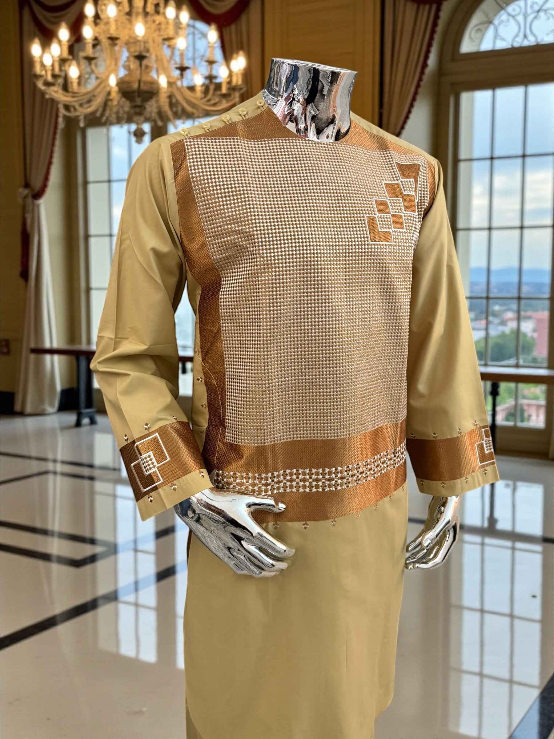 Small Men’s Golden Parahan Tumban with Bronze Geometric Embroidery – Afghan Traditional Outfit
