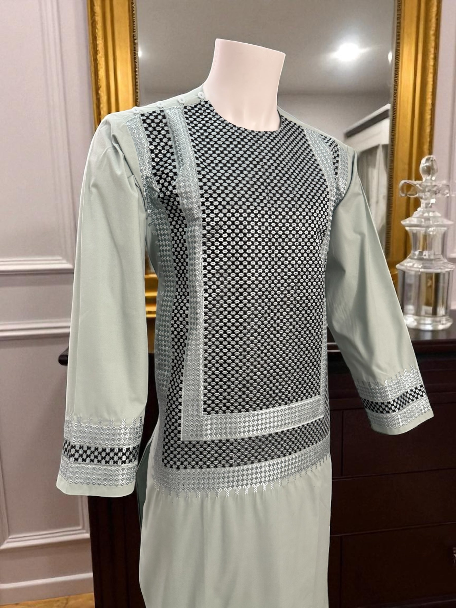 Men’s Sage Green Kameez – Sage with Black & Grey Machine Embroidery | Afghan Outfit (Medium)