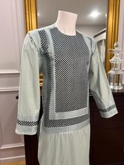 Men’s Sage Green Kameez – Sage with Black & Grey Machine Embroidery | Afghan Outfit (Medium)