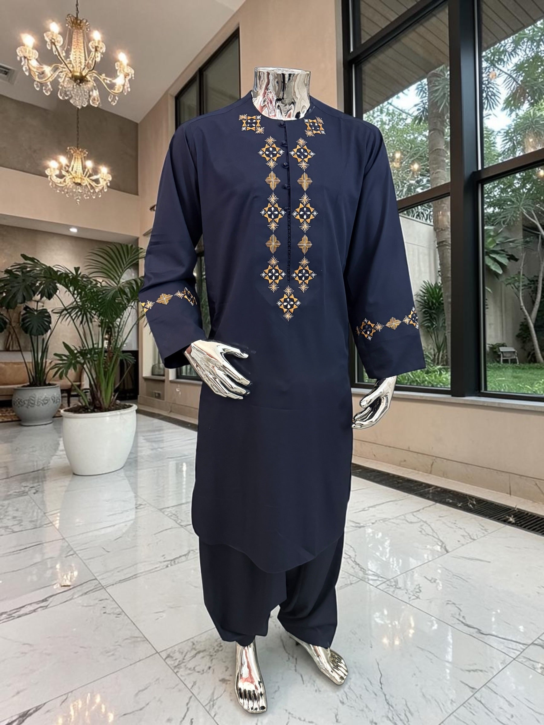 Large Men’s Navy Afghan Parahan Tunban Set with Premium Hand Embroidery with Mirror work & Matching Chadder/patto