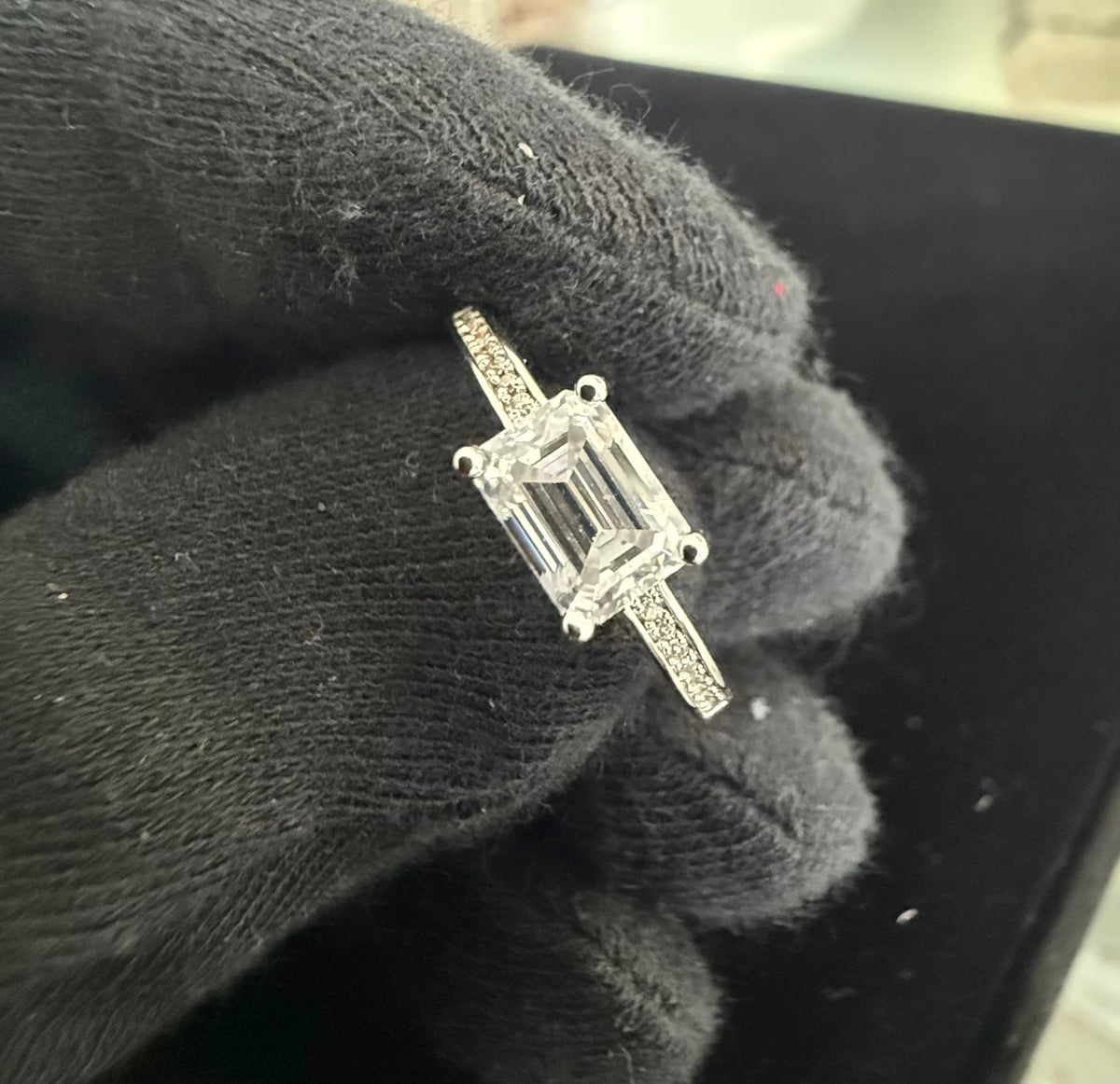 Emerald-Cut Moissanite Sterling Silver Engagement Ring – Size 7.  6021