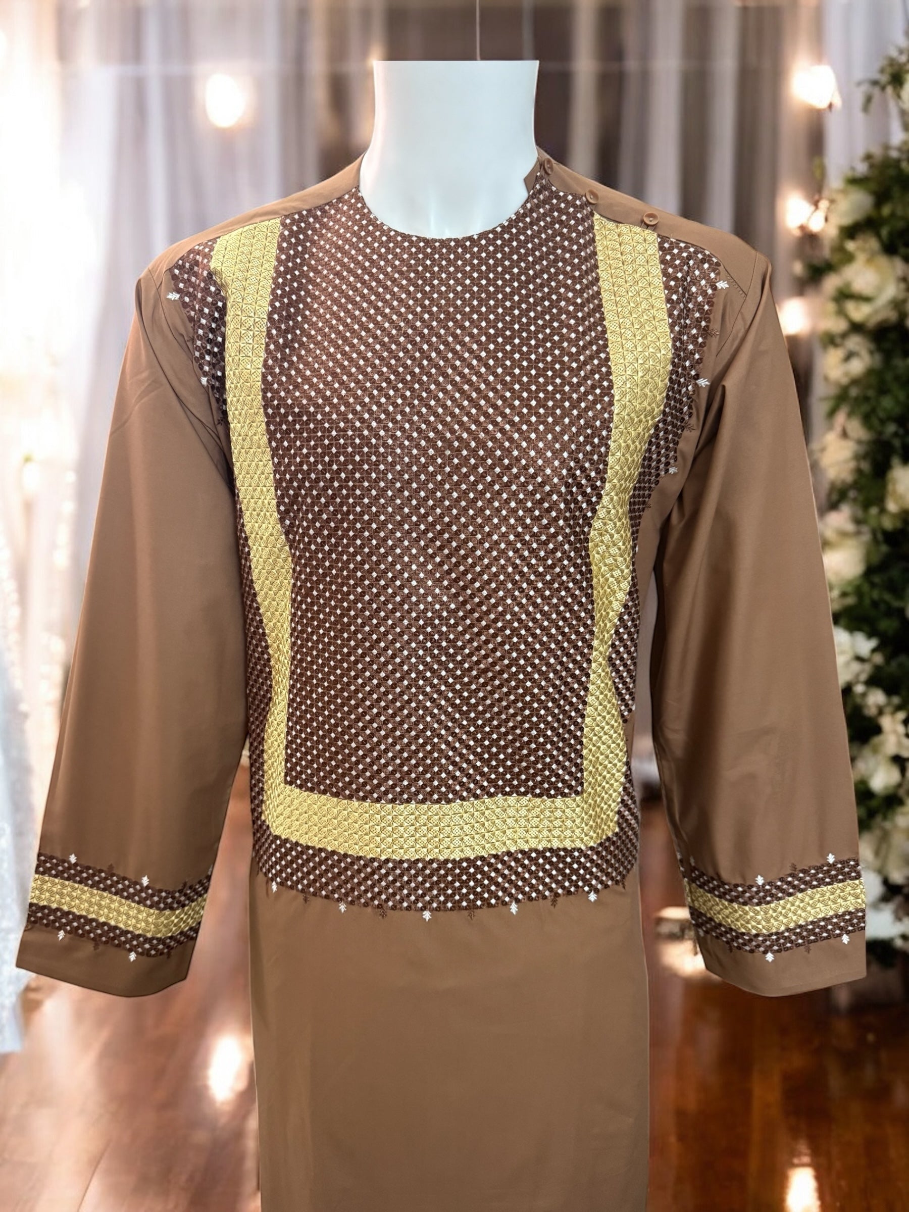 Afghan Parahan Tunban for Men Machine Embroidered Brown Gold Traditional Wear Medium Large