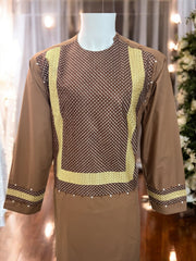 Afghan Parahan Tunban for Men Machine Embroidered Brown Gold Traditional Wear Medium Large