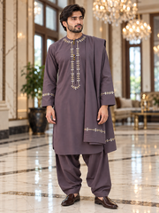 Plum Embroidered Afghan Parahan Tunban for Men with Matching Shawl