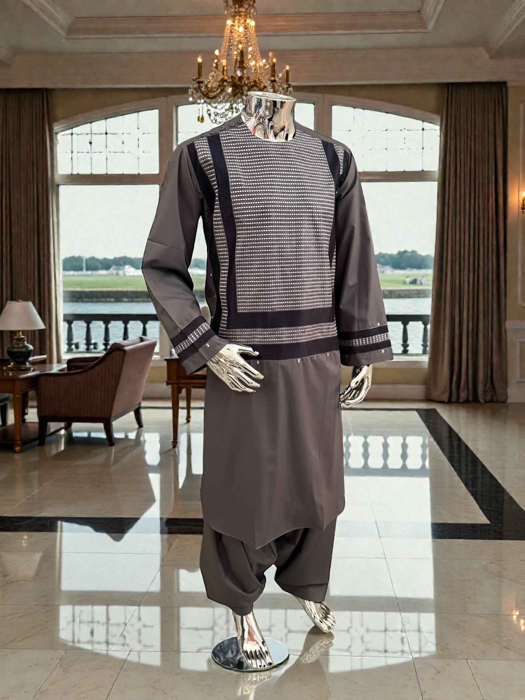 Men’s Taupe Parahan Tunban with Matching Embroidery – Afghan Traditional Outfit (Large)