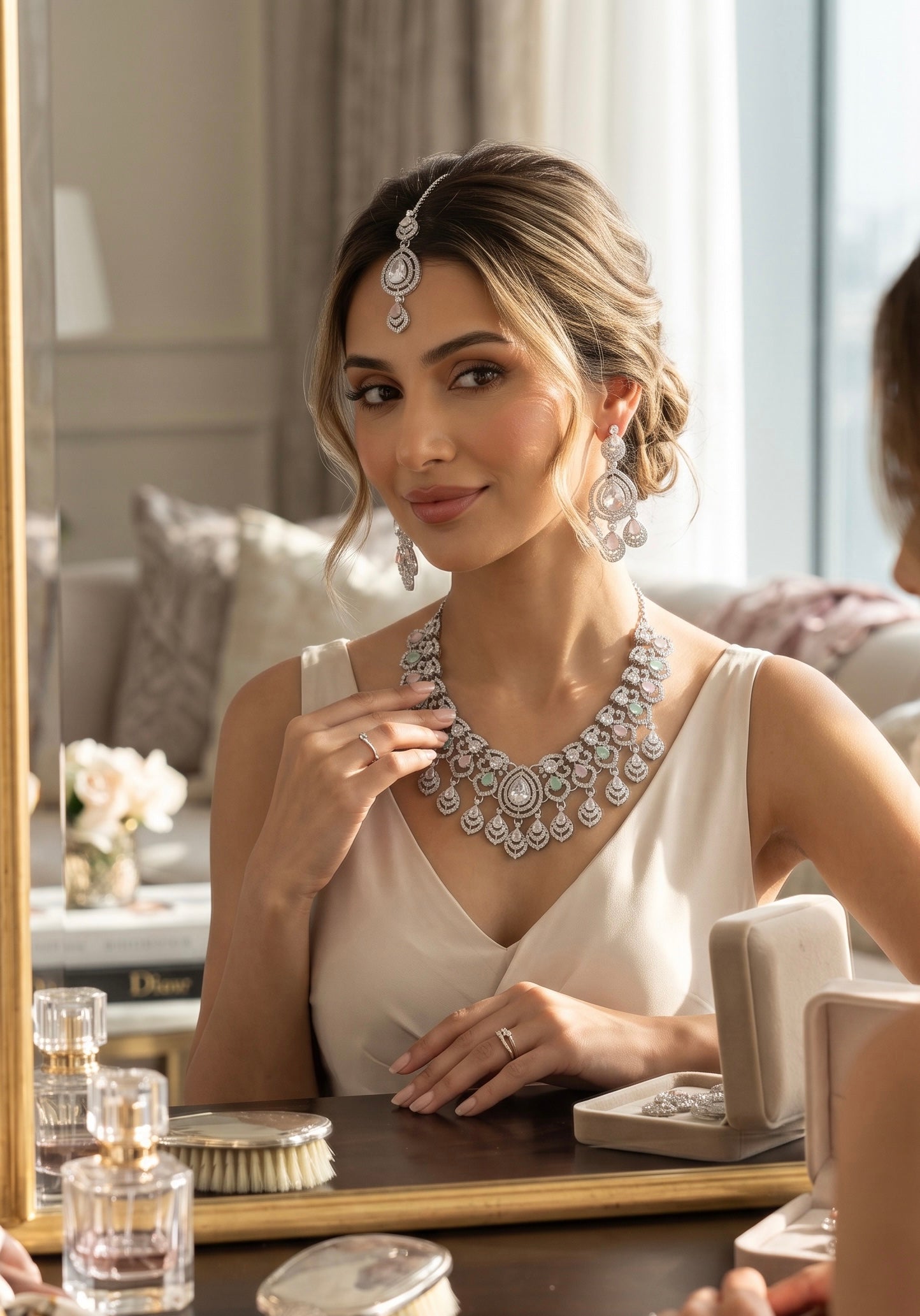 American Diamond Necklace Set with Crystal Earrings & Maang Tikka – Silver Tone 6026-2