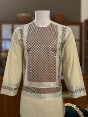 Men’s Light Beige Kameez with Brown and Matching Machine Embroidery – Traditional Afghan Wear | Luqmaan Boutique (Small)