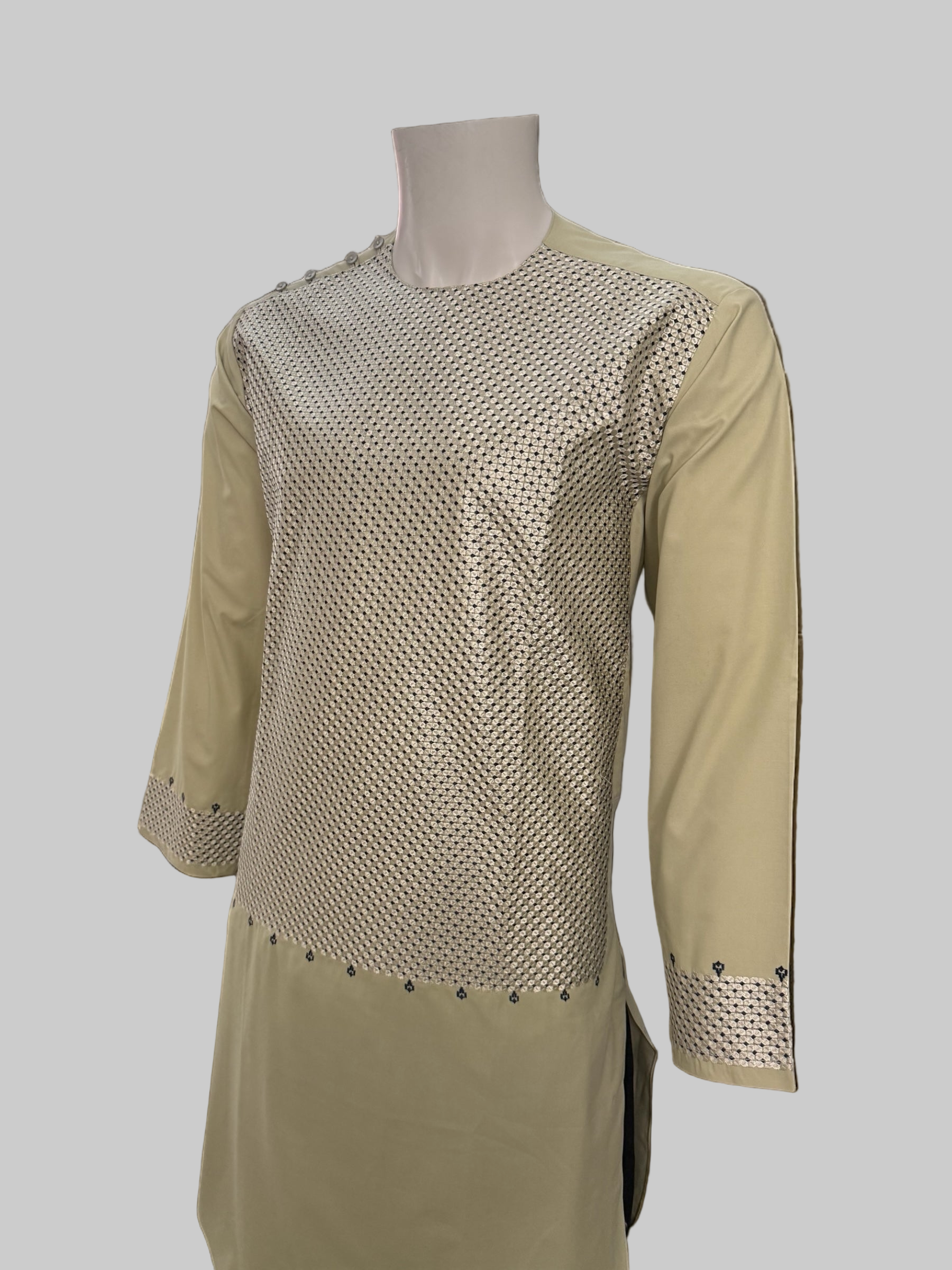 Men’s Pistachio Kameez with Black & Matching Color Machine Embroidery – Small Size | Luqmaan Boutique