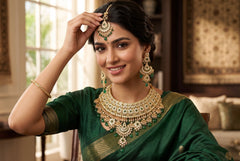 Emerald Green Kundan Bridal Jewelry Set – Gold Tone Indian Pakistani Afghan Wedding Necklace Set with Earrings & Maang Tikka | Jewelry Gift Box Included 7016