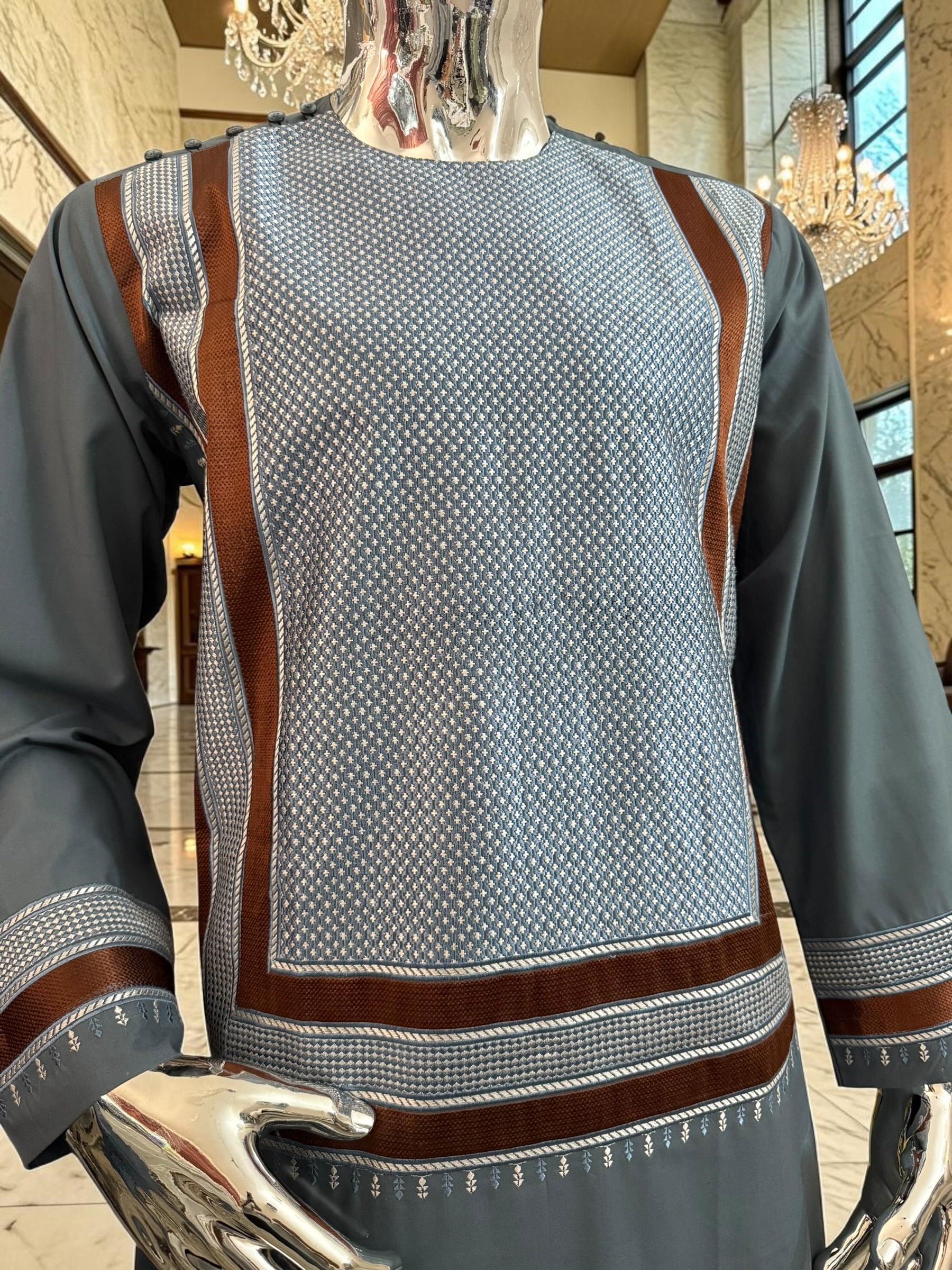 Medium Steel Blue Parahan Tunban with White & Brown Embroidery | Premium Afghan Traditional Wear