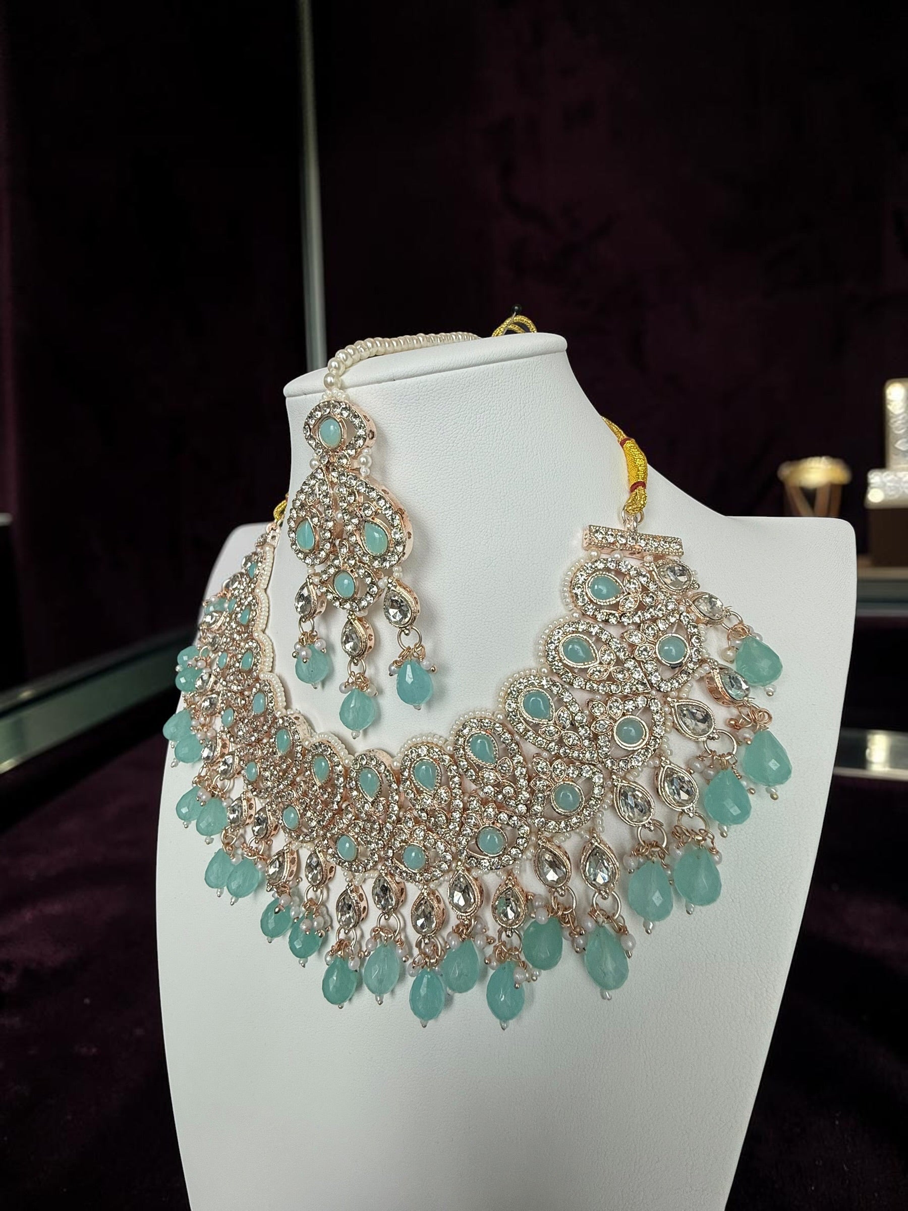 Aqua Blue Kundan Bridal Jewelry Set with Earrings & Maang Tikka | Rose Gold Indian Pakistani Afghan Wedding Necklace | Jewelry Gift Box Included 6045