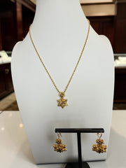 Gold Plated Brass Floral Pendant Necklace & Dangle Earrings Set for Women | Traditional Flower Jewelry Set 6091