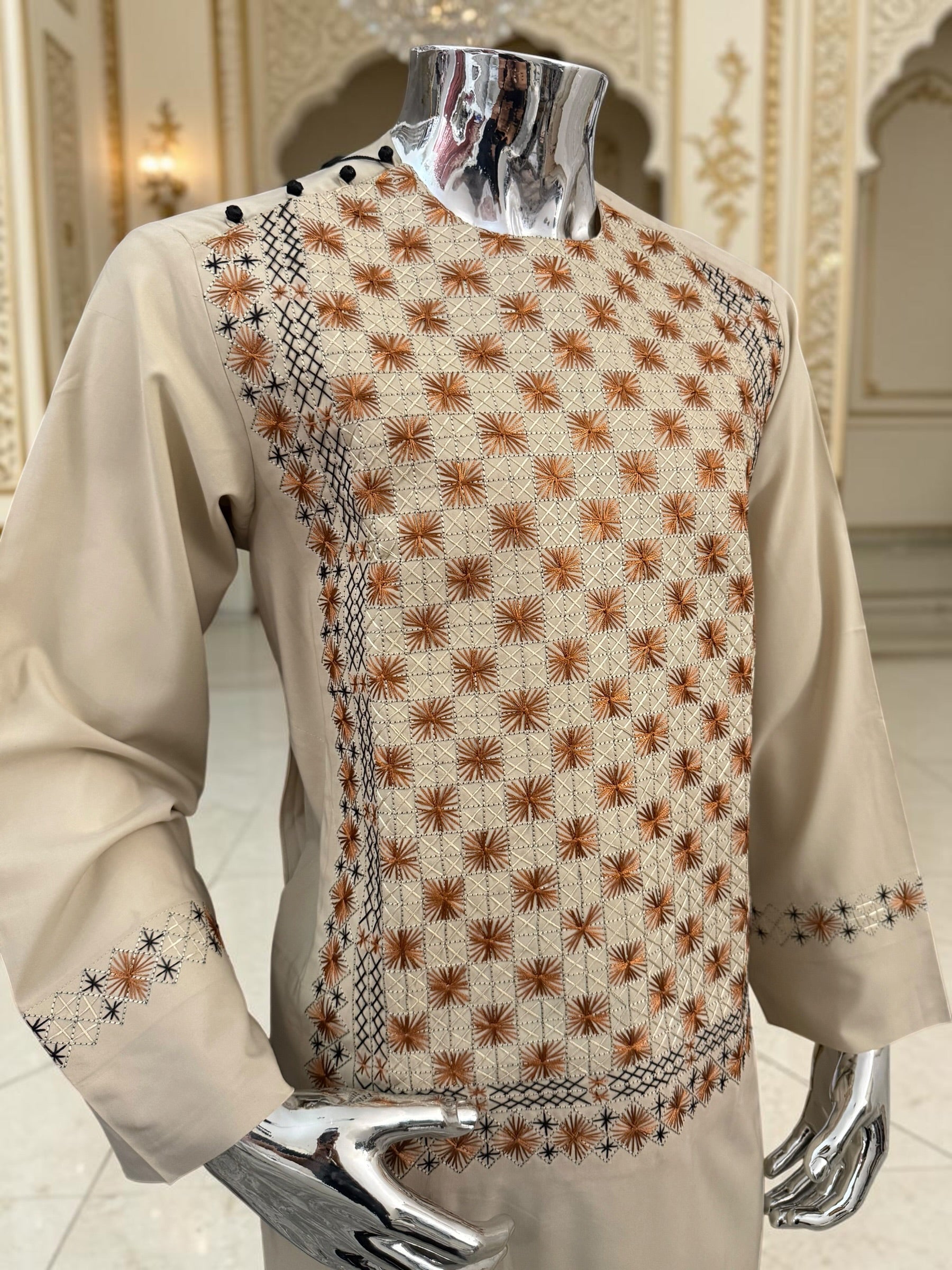 Men’s Cream Hand-Embroidered Afghan Parahan Tunban with Shawl – 3-Piece Set 5023