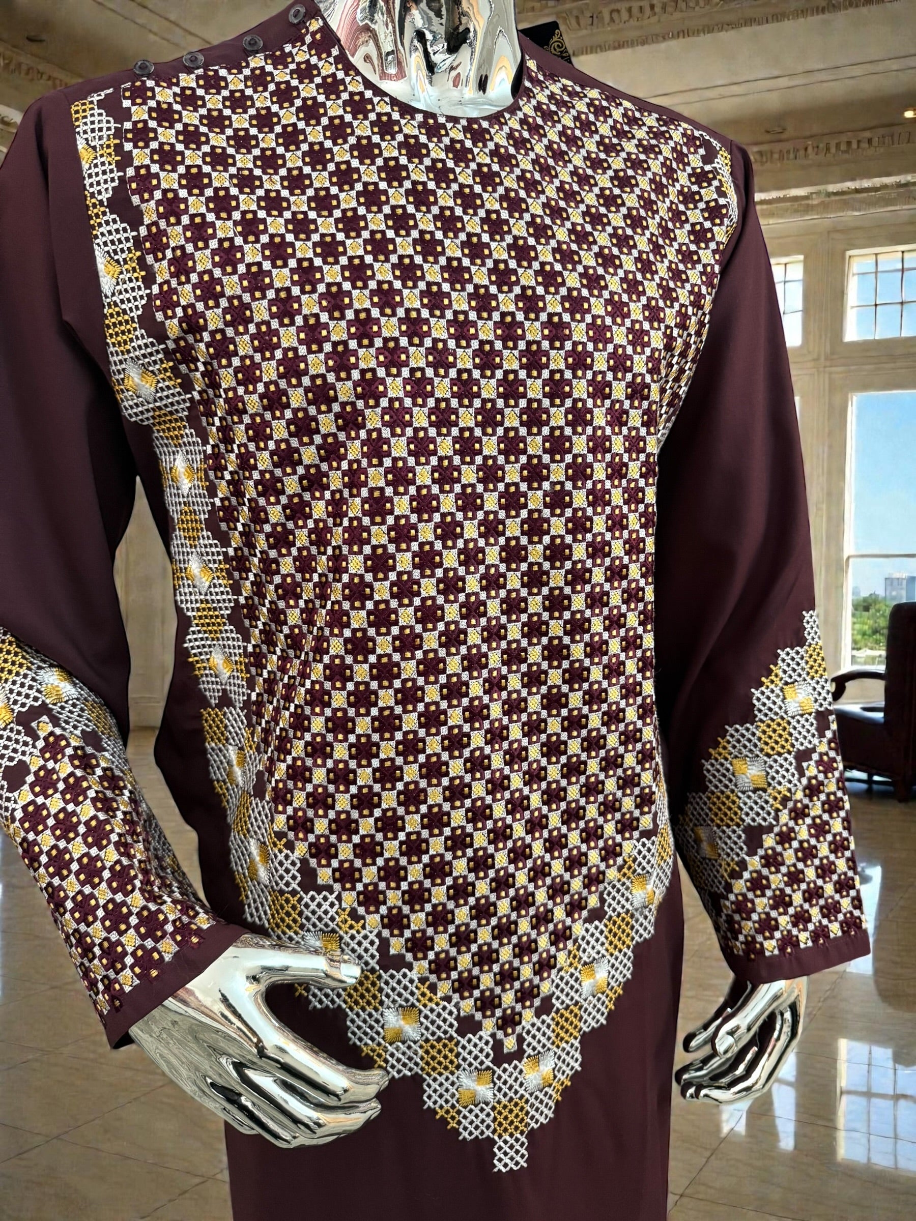Men’s Maroon Kameez with Gold and White Machine Embroidery – Large Tall | Luqmaan Boutique