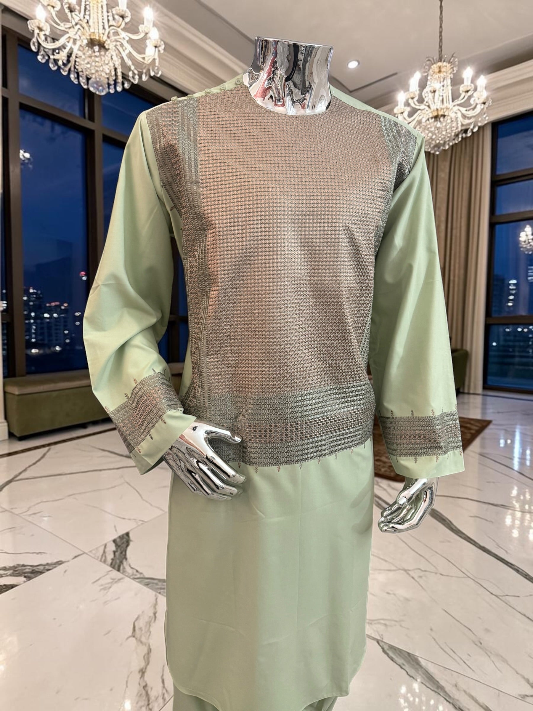 X-Large Pistachio Green Kandahari Parahan Tunban for Men | Premium Afghan Traditional Wear