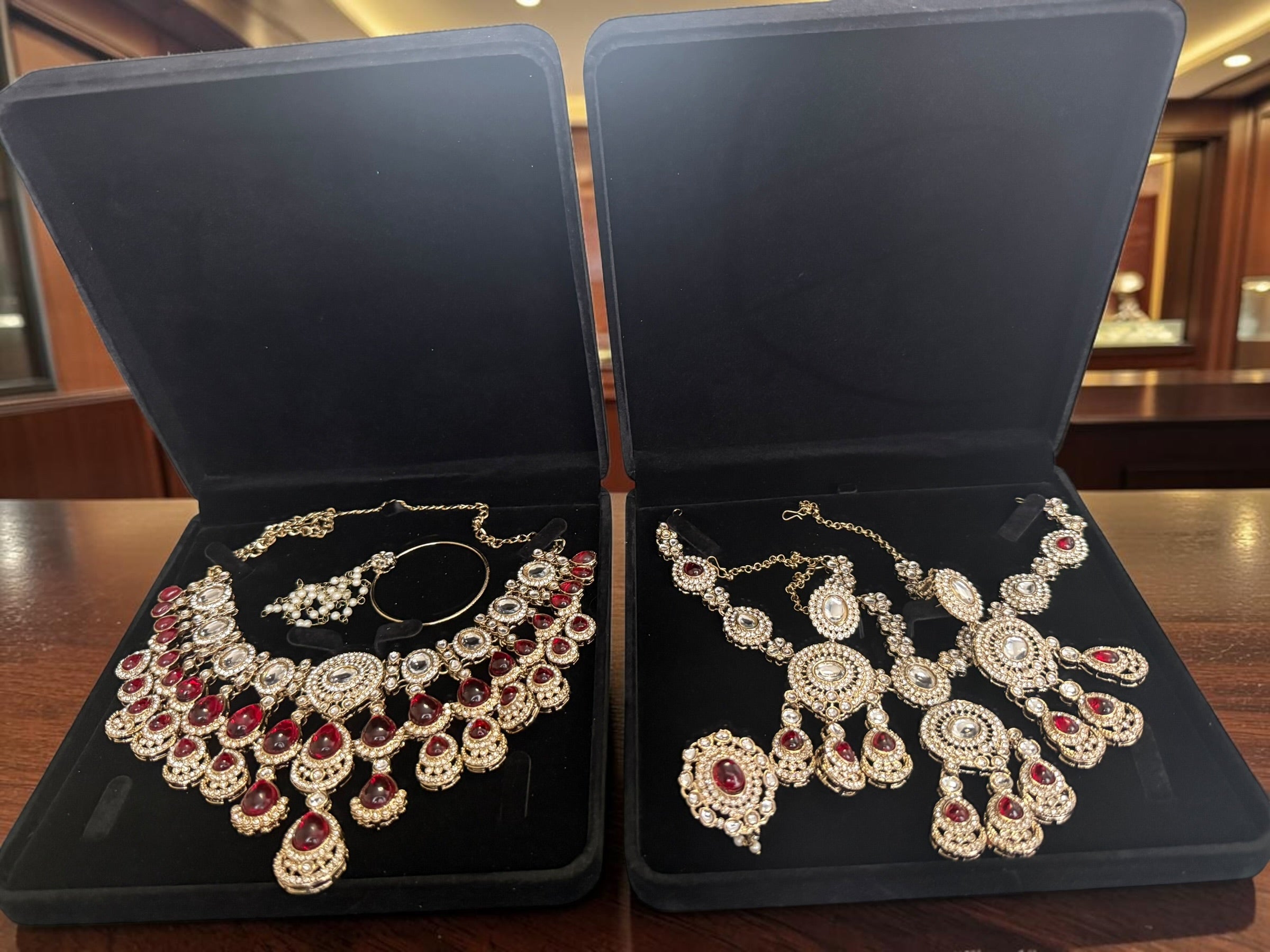 Ruby Red Kundan Half Bridal Jewelry Set – 5-Piece Necklace, Earrings, Sheeshphool, Nath & Adjustable Rings 6060
