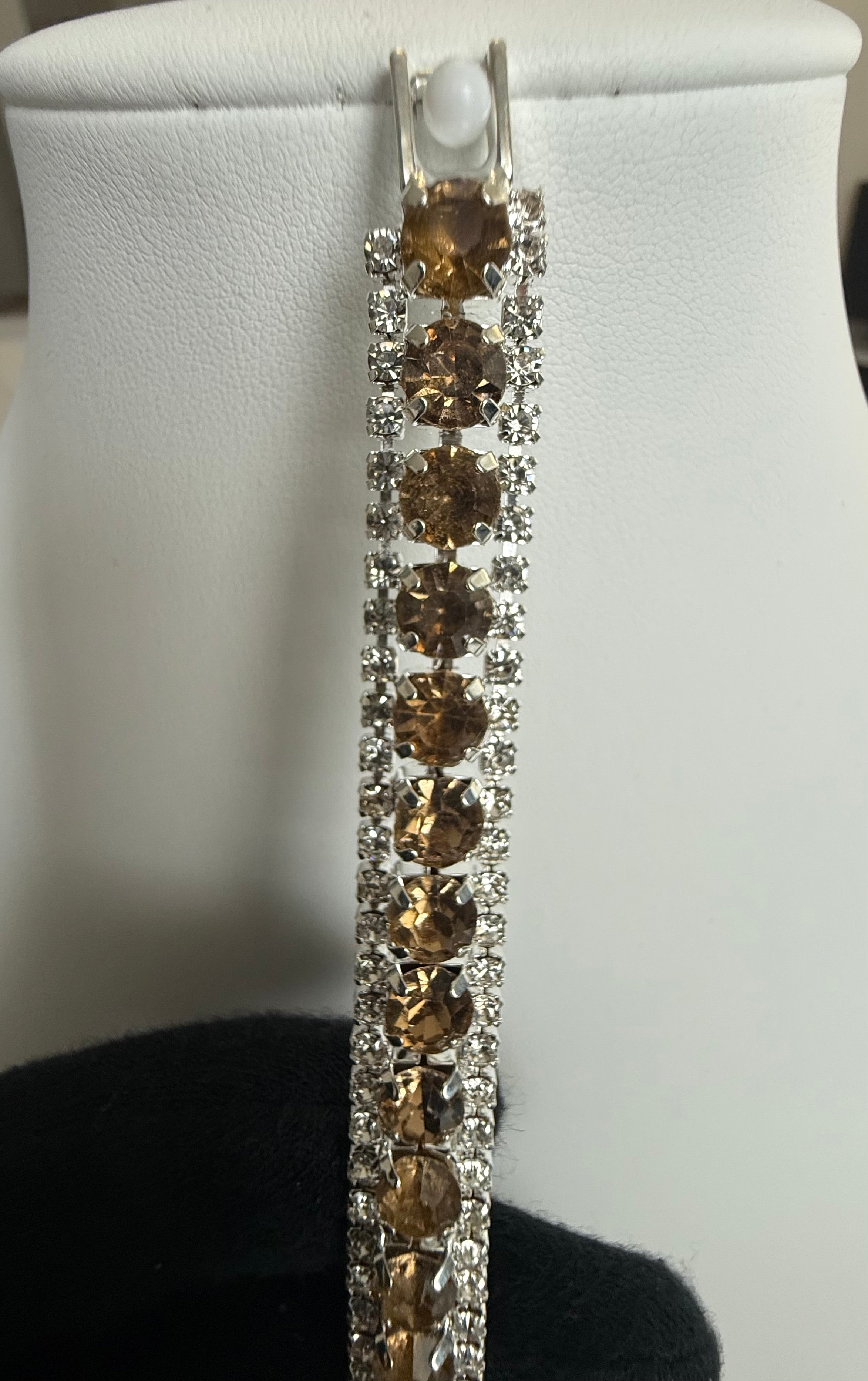 Champagne Crystal Double Row Tennis Bracelet – Silver Tone Statement Bracelet 7108