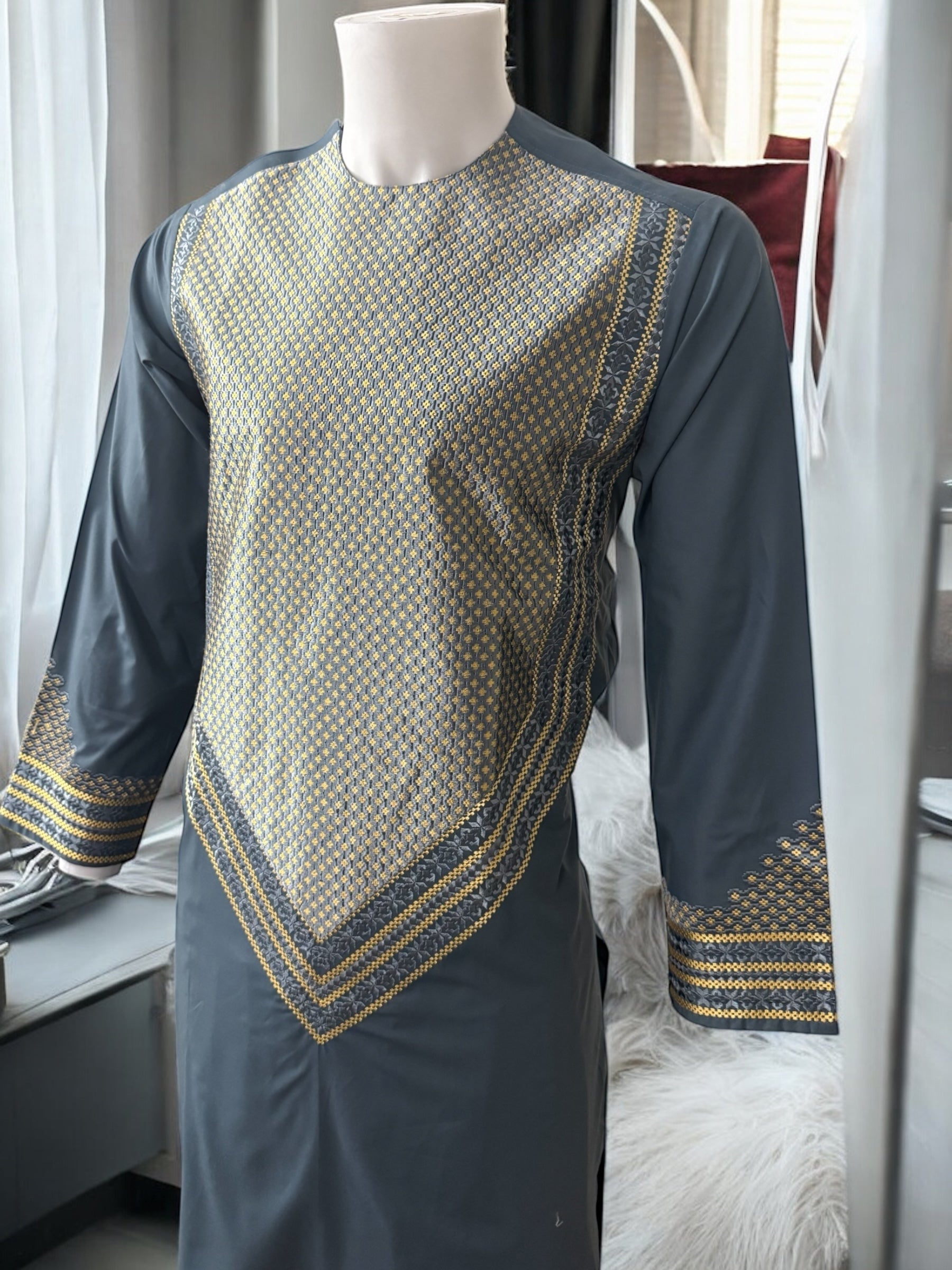 Men’s Slate Blue Parahan Tumban with Gold Embroidery Small