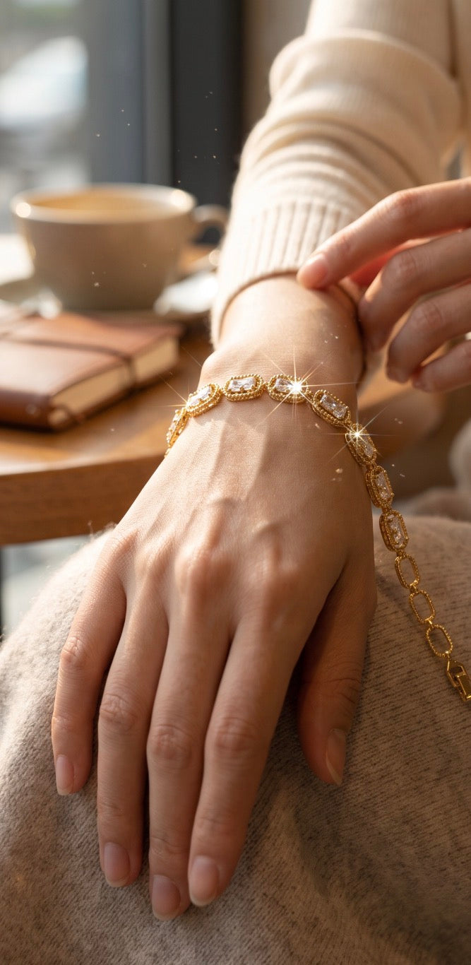 Gold Tone Clear Crystal Link Bracelet – Geometric Double Stone Statement Bracelet, Gift Ready 7077