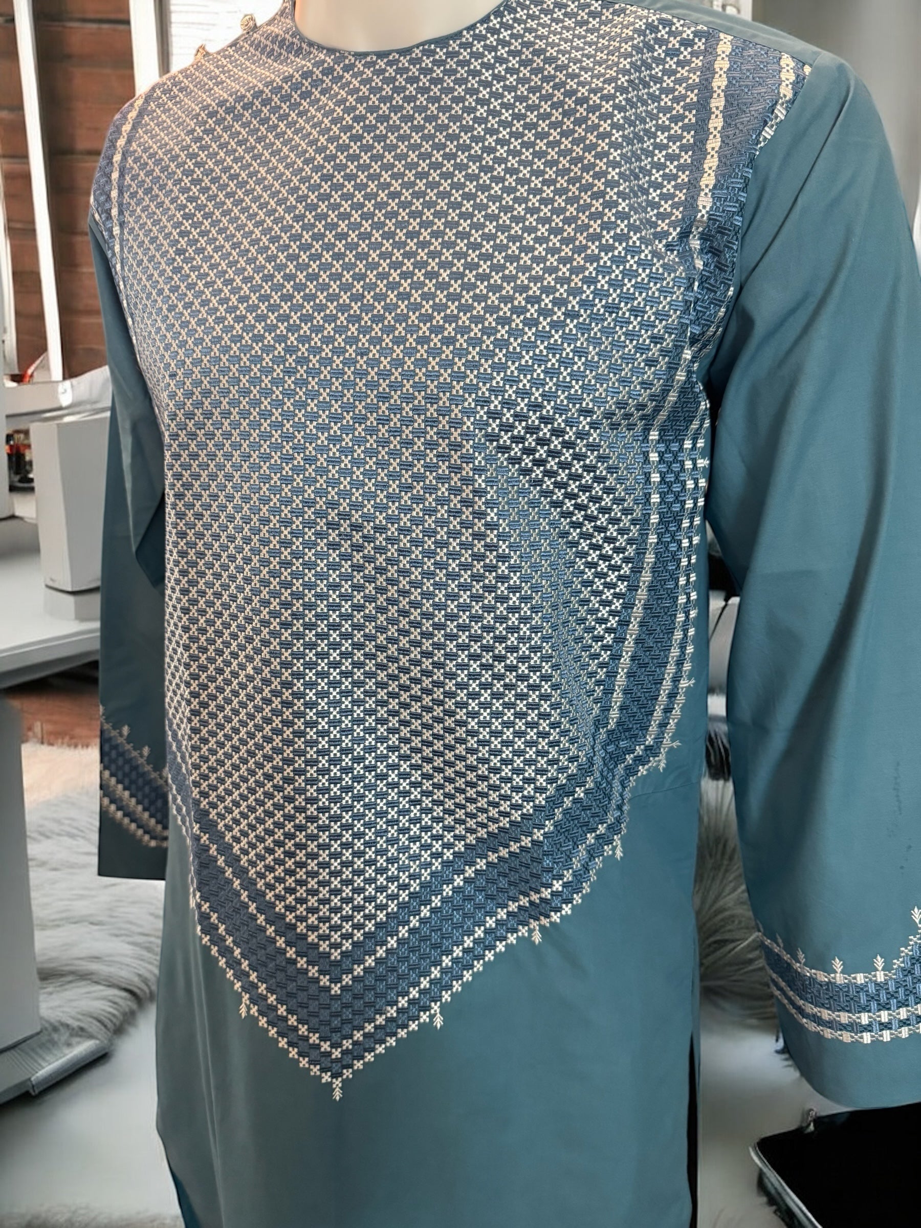 X-Small Afghan Parahan Tunban for Men with Machine Khamakdozi Embroidery – Teal Blue