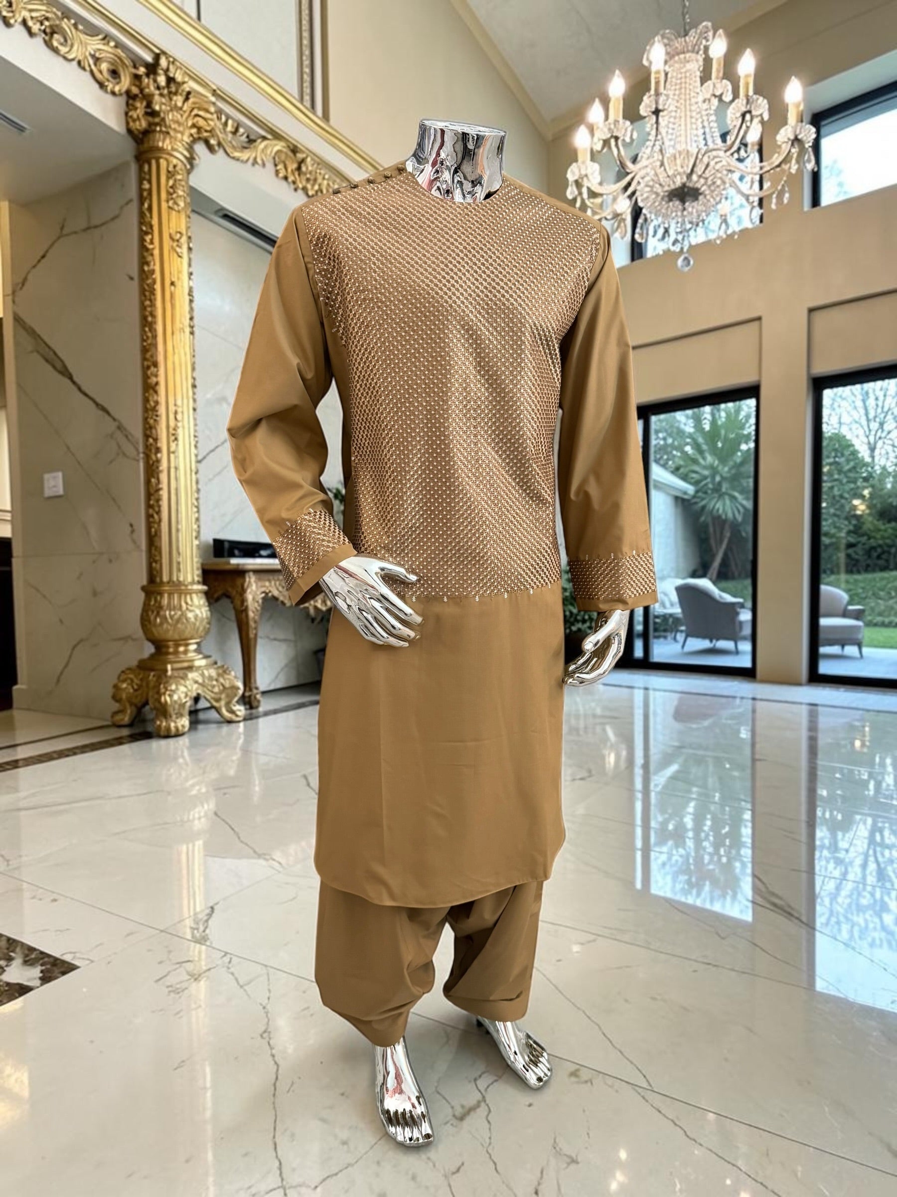 Large Honey Brown Afghan Parahan Tumban with Matching Khamak-Style Machine Embroidery – Men’s Traditional Wear