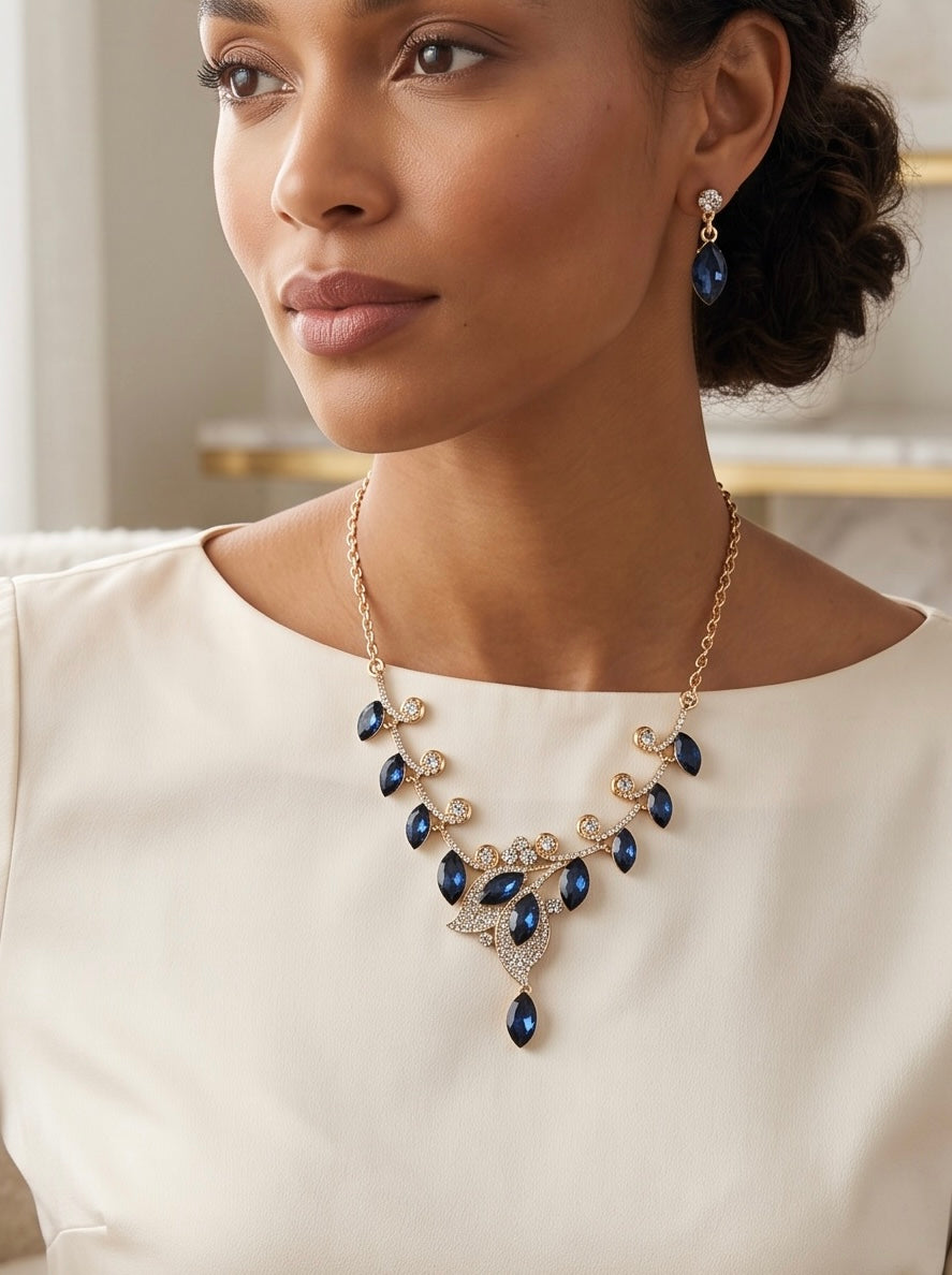 Women’s Crystal Leaf Necklace & Earrings Set – 4 Colors
