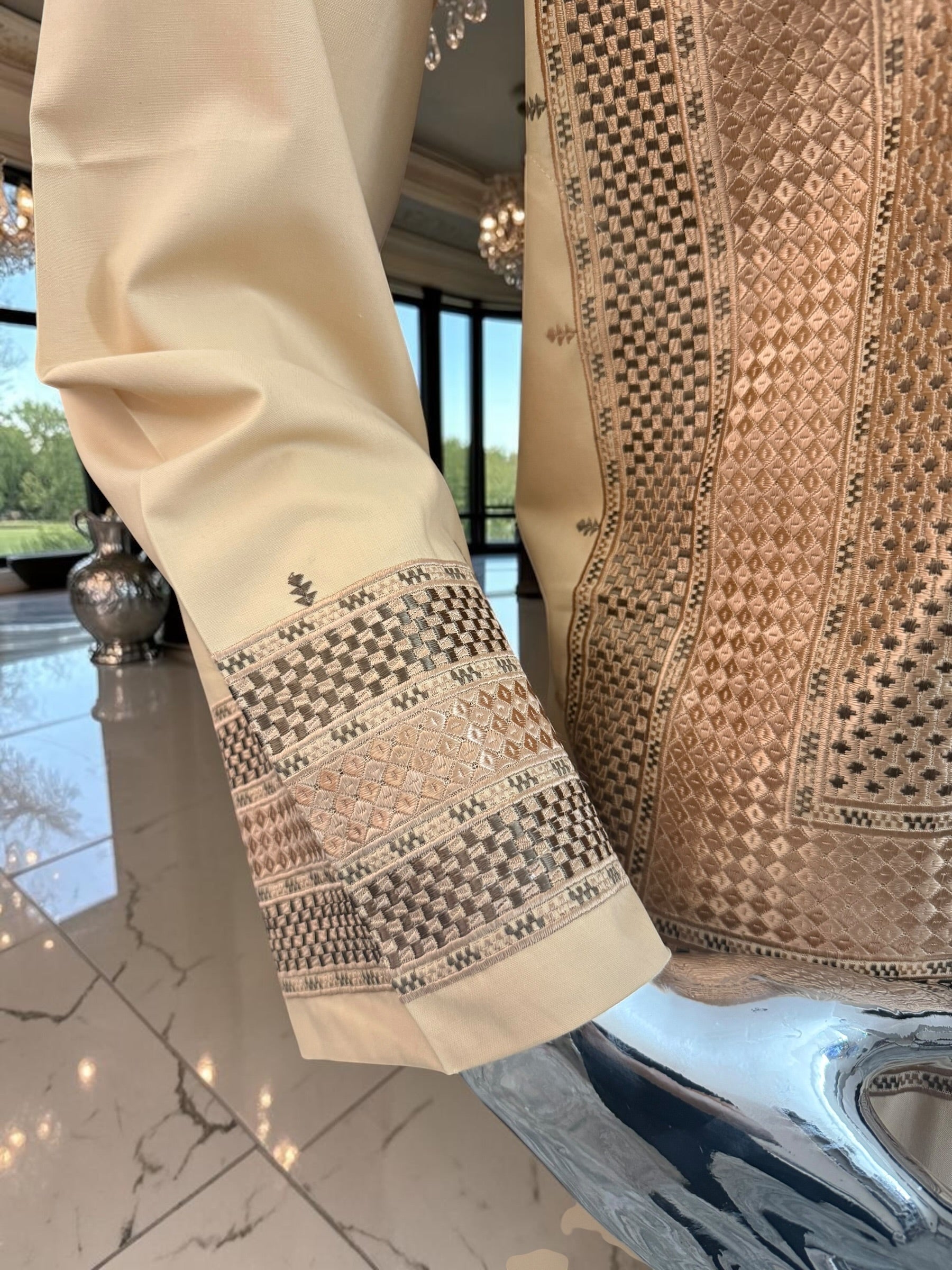 Medium Men’s Tan Parahan Tunban with Premium Machine Embroidery