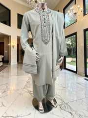 Medium Men’s Hand Embroidered Parahan Tunban Set – Light Sage Green Afghan Traditional Outfit
