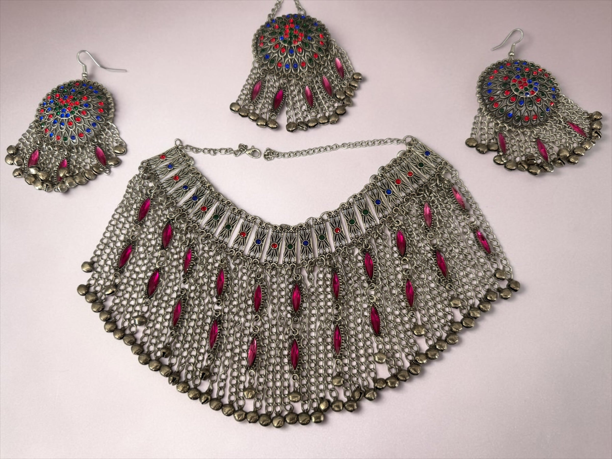 Traditional 4-Piece Afghan Jewelry Set – Handmade Tribal Statement Necklace, Earrings & Headpiece | Vintage Silver-Tone Ethnic Jewelry for Women 012