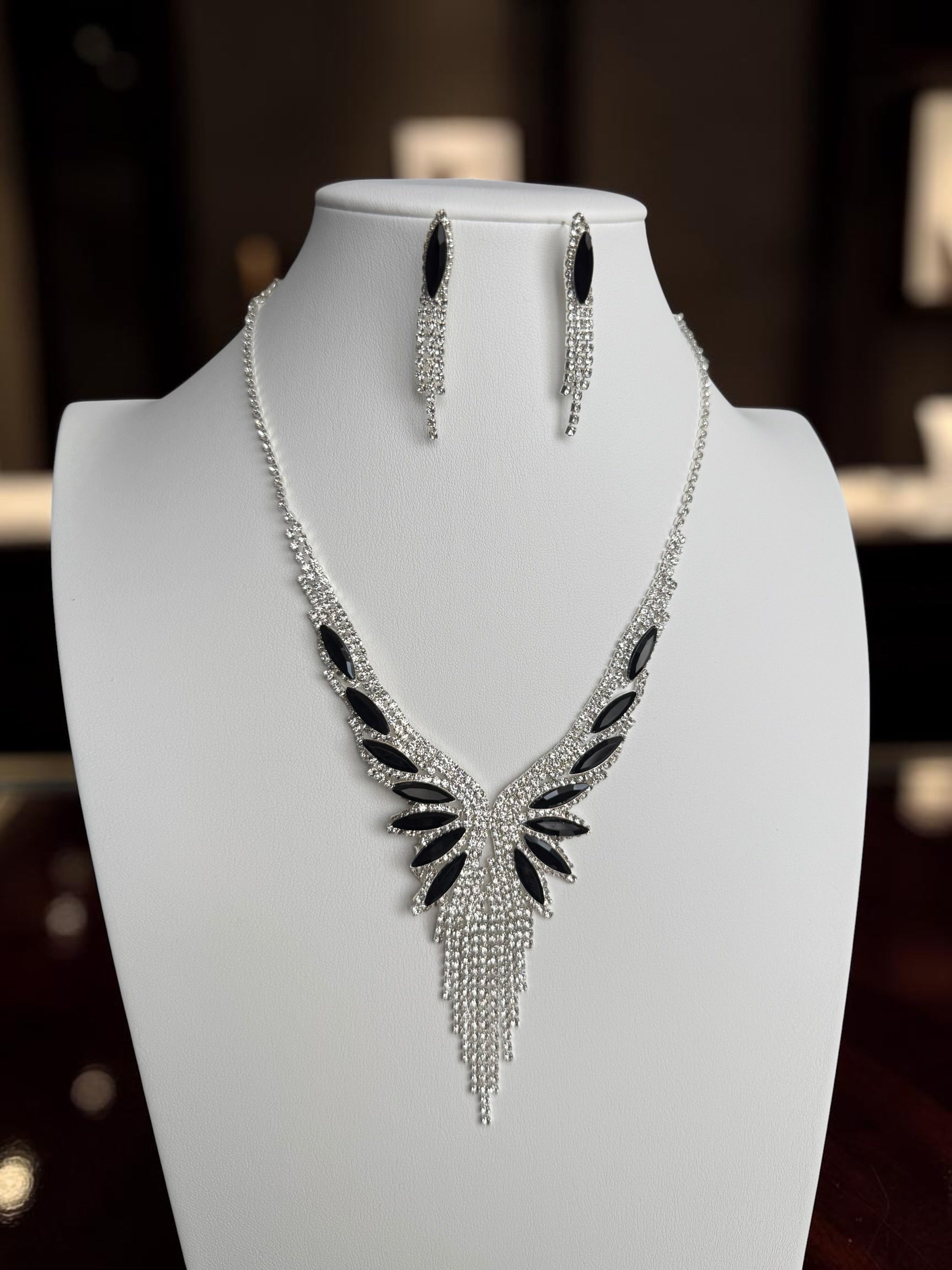 Crystal Rhinestone Statement Necklace & Earrings Set – Silver-Tone Leaf Design with Tassel, 7 Color Options, Jewelry Box Included
