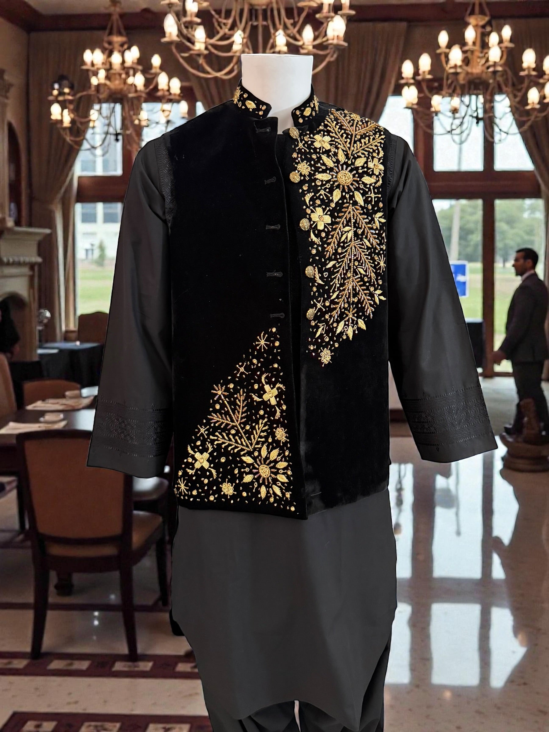 Medium Black Velvet Waistcoat – Heavy Handmade Gold Zari & Dabka Embroidery | Luxury Wedding Vestcoat Medium