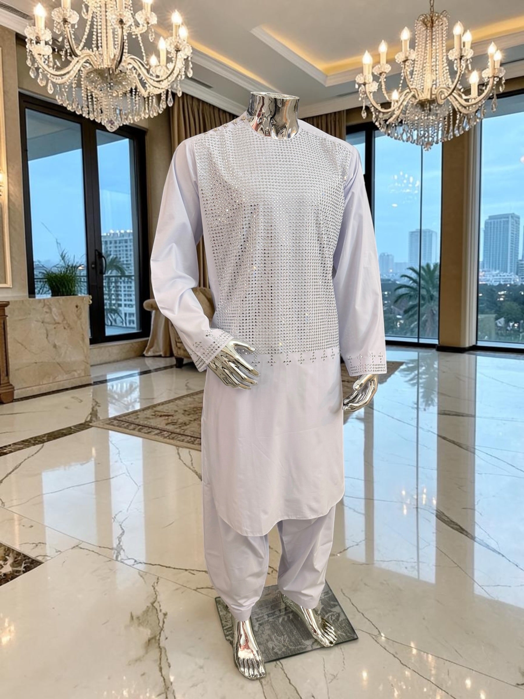 X-Large Afghan Parahan Tunban with Shesha Mirror Work – White
