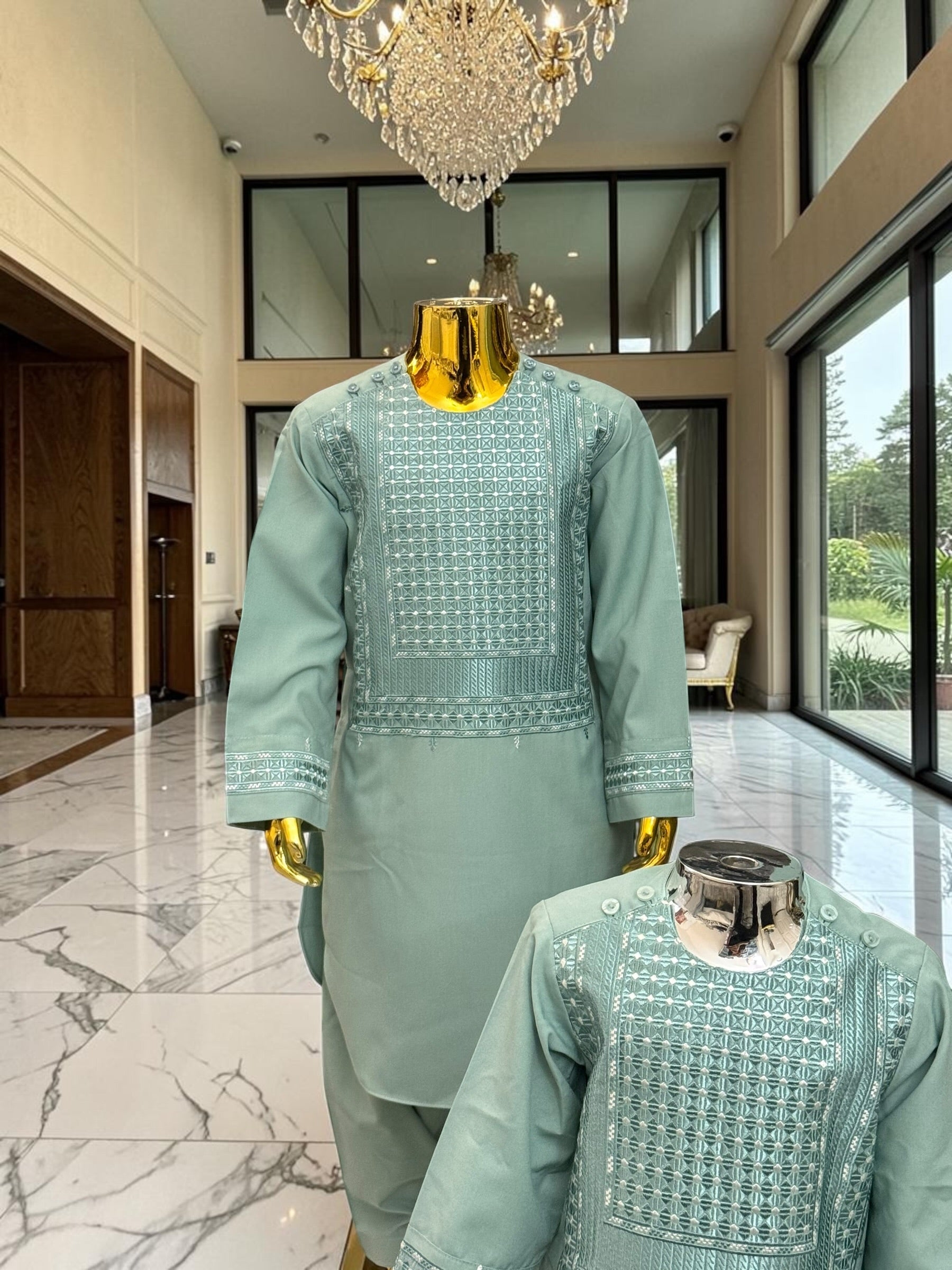 Kids Afghan Parahan Tunban Set – Premium Embroidered Traditional Afghan Outfit for Boys | Sage Green Eid & Wedding Wear (1–12 Years) Design #23