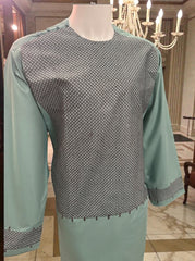 Traditional Afghan Parahan Tunban with Patterned Front Panel – Mint Green – XL