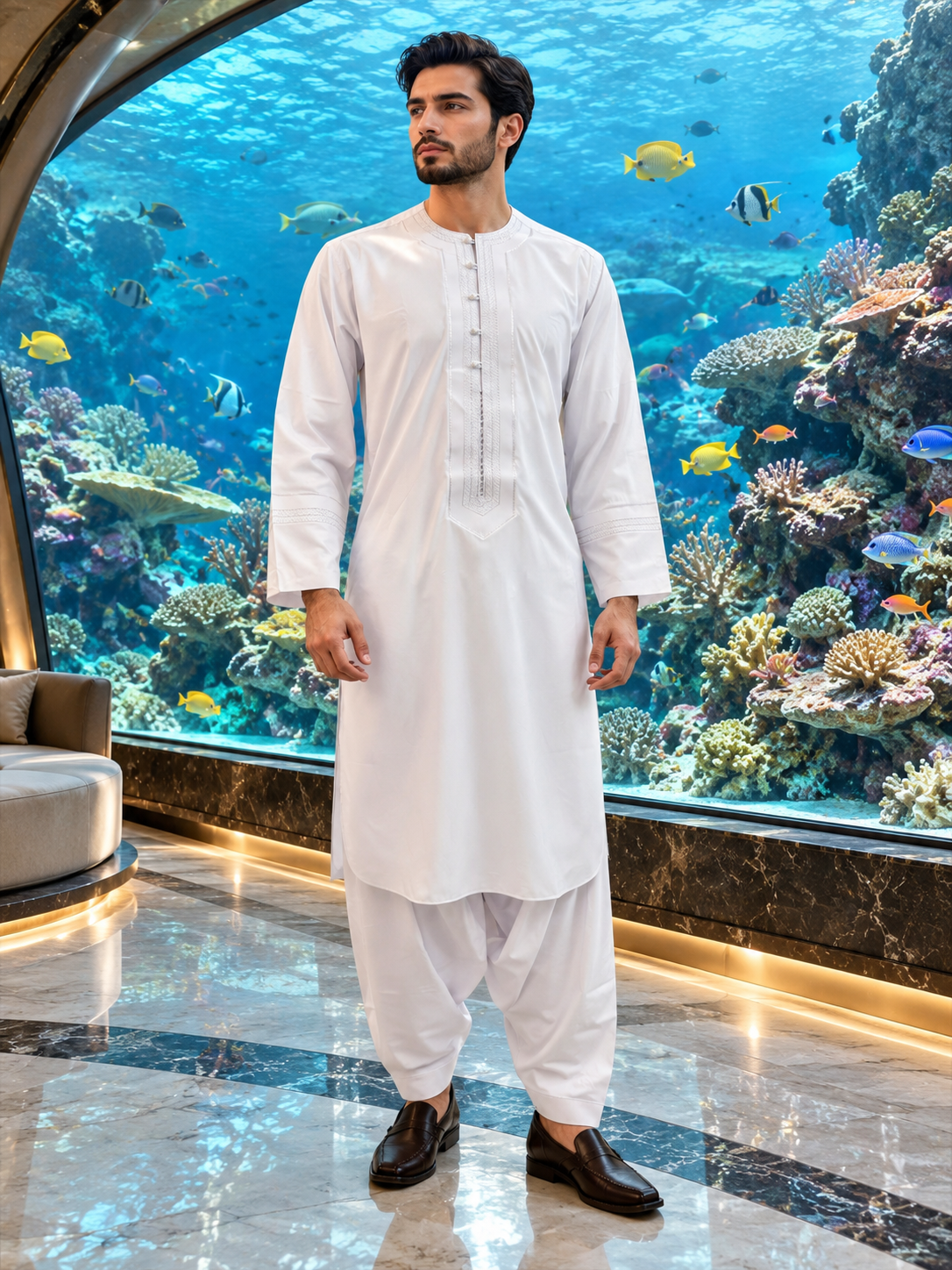 Men’s White Embroidered Afghan Parahan Tunban Set | Small–X-Large