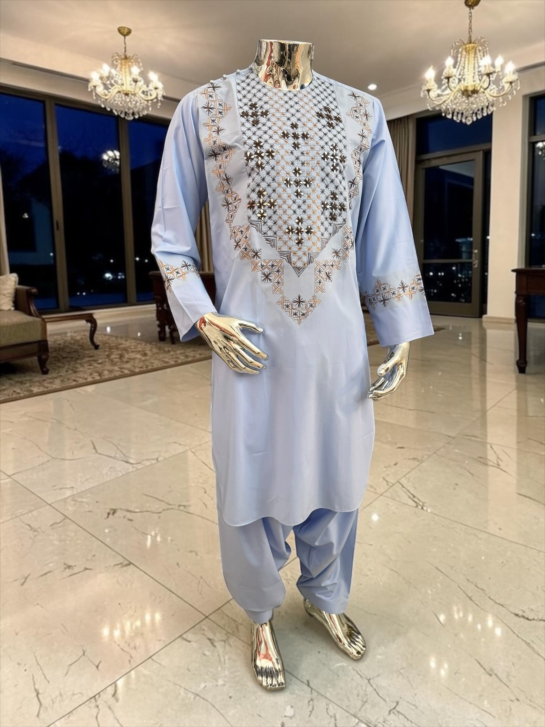 Medium Sky Blue Handmade Mirror Embroidered Afghan Parahan Tunban Set with Chadder