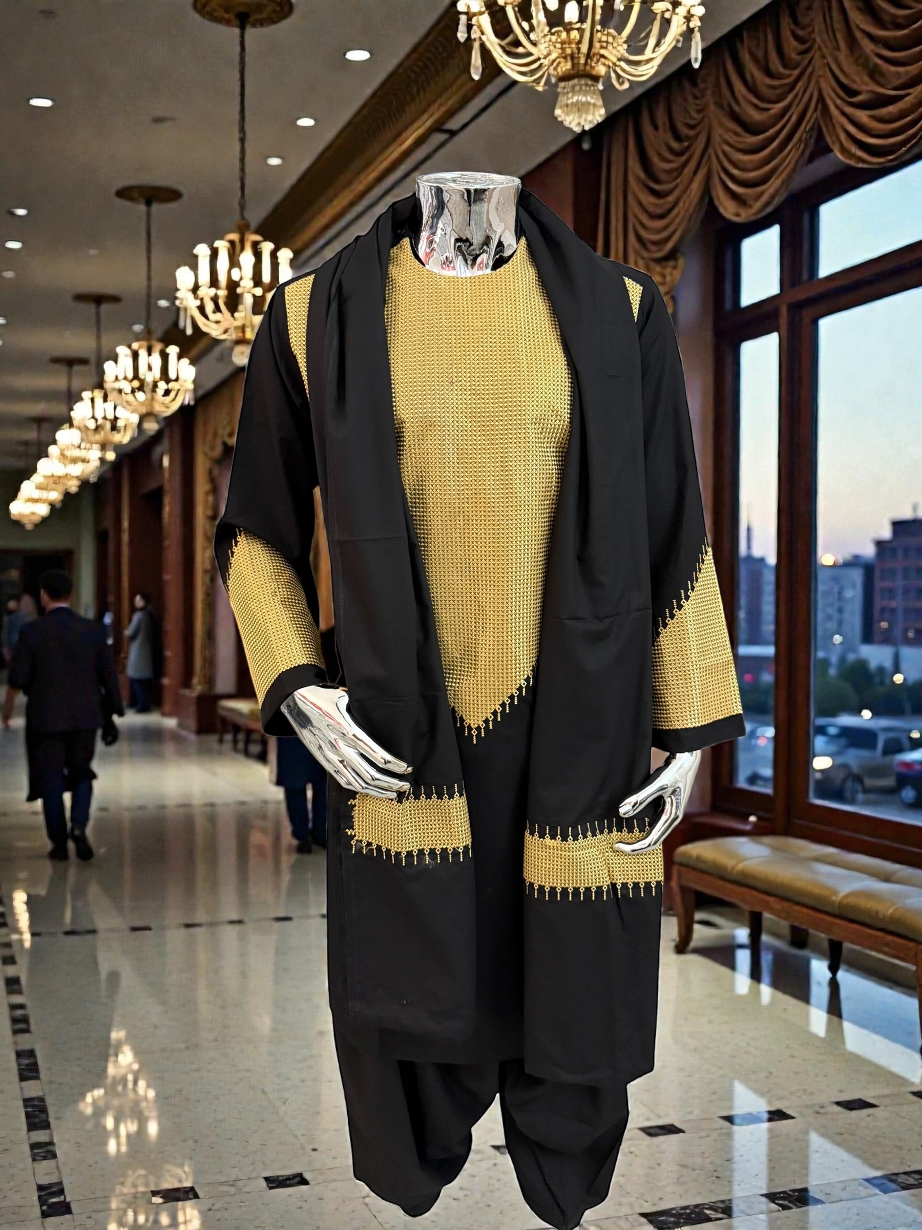 Men’s Black Parahan Tumban with Gold Embroidery & Matching Shawl | Afghan Traditional Outfit Large to X-Large