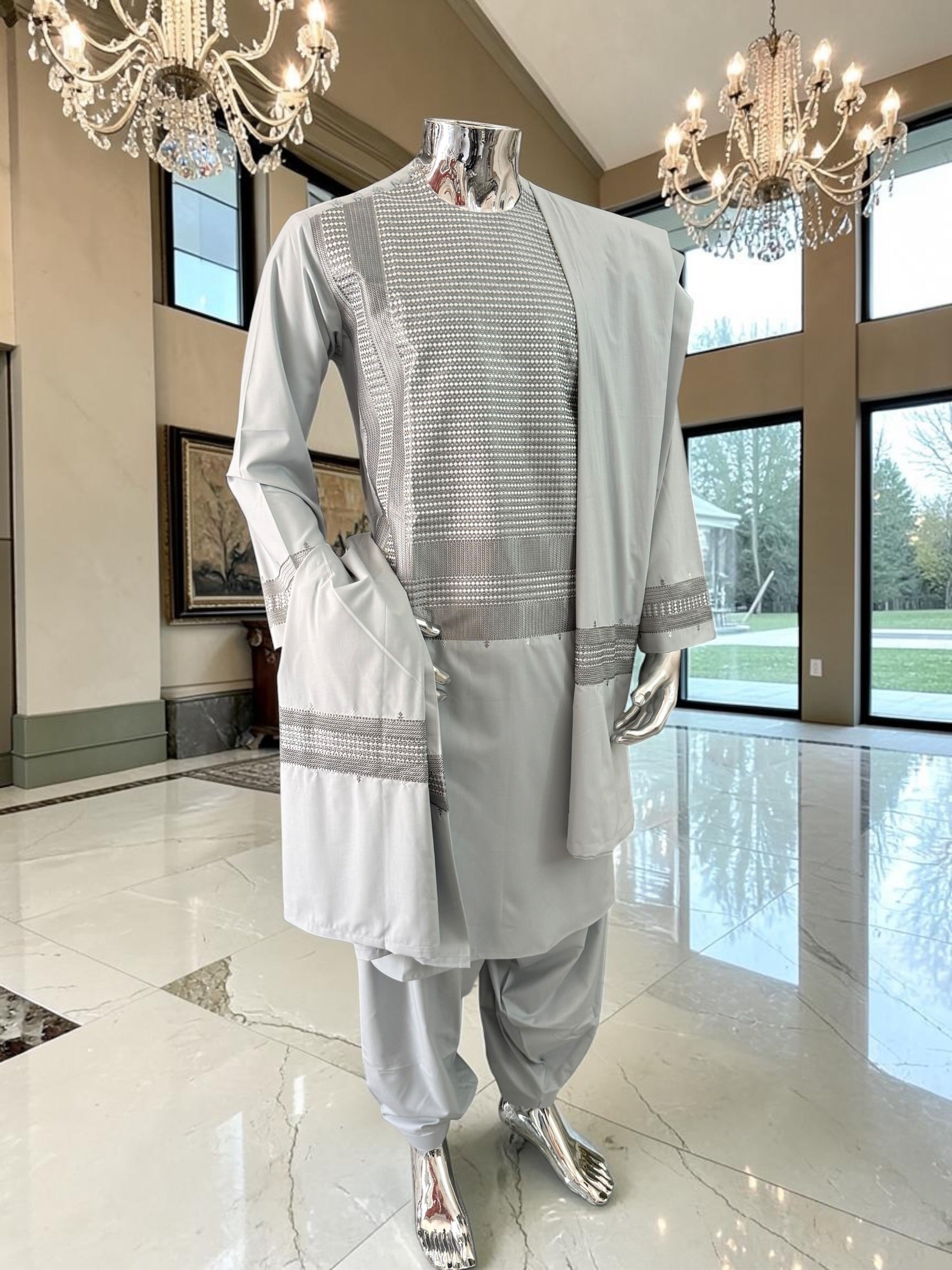 Small Premium Ice Grey Machine Embroidered Parahan Tunban Set with Matching Chadder