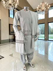 Small Premium Ice Grey Machine Embroidered Parahan Tunban Set with Matching Chadder