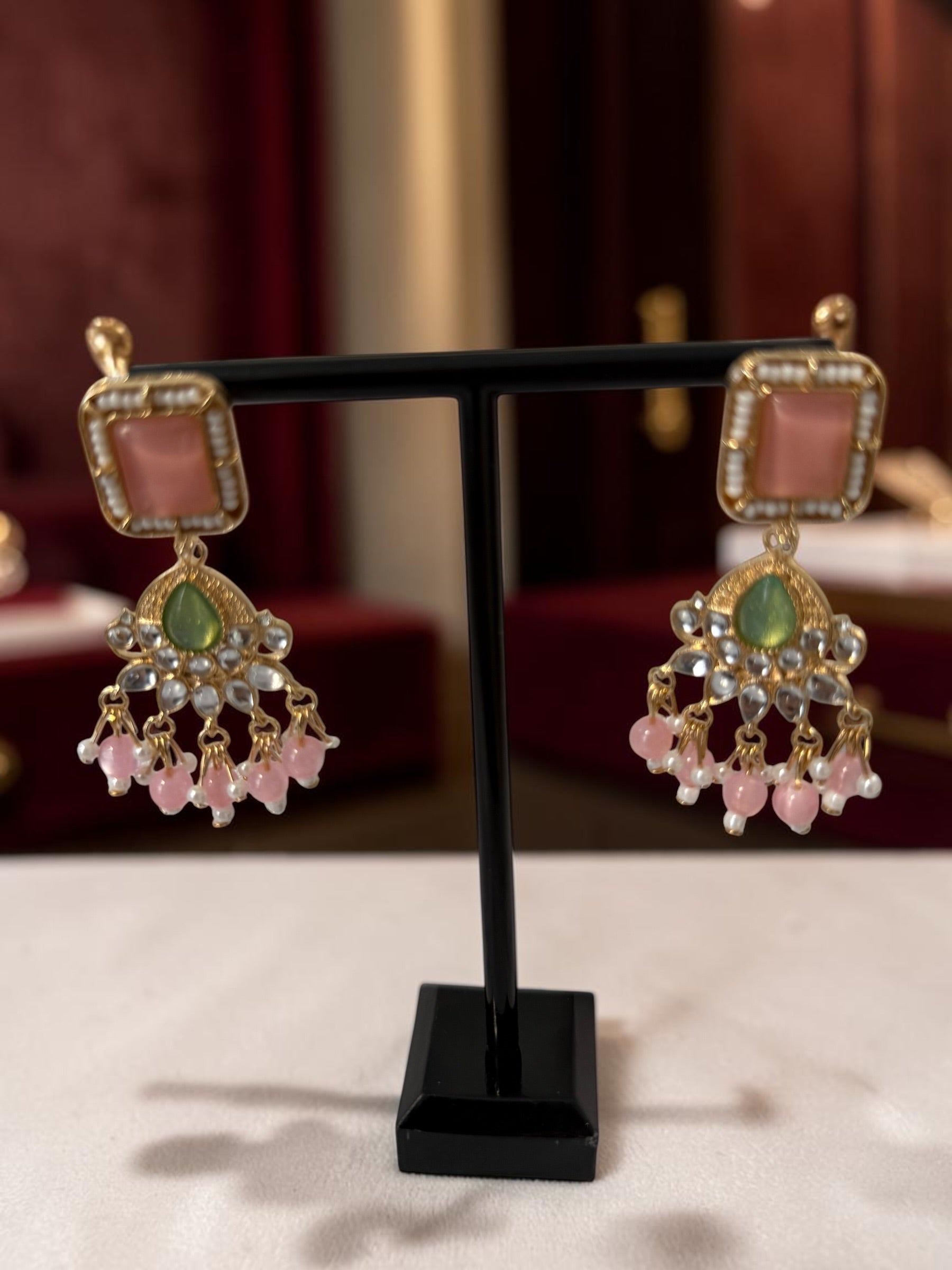 Mint Green & Pink Beaded Kundan Necklace and Earrings Set.   074