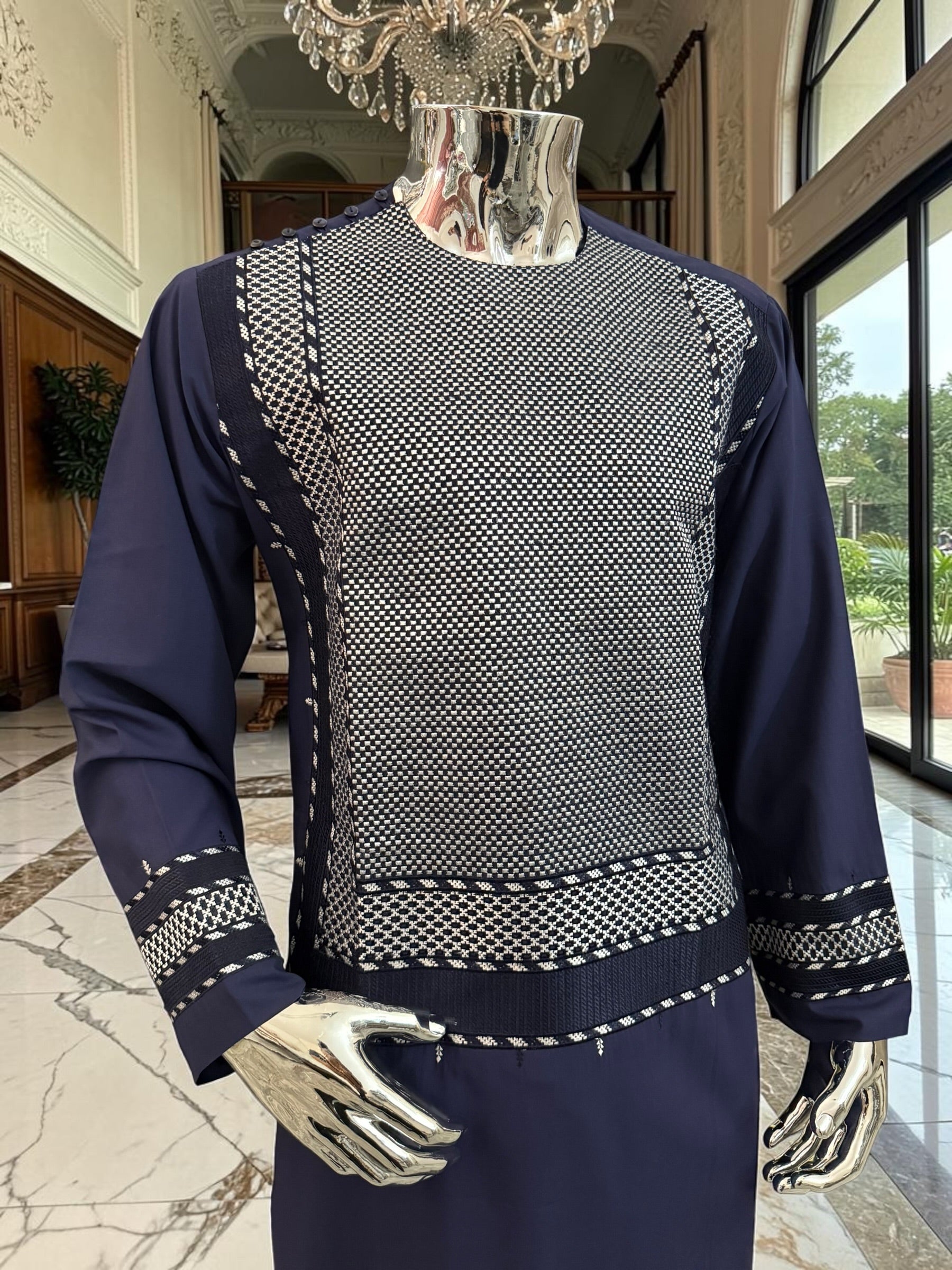 Large Navy Blue Afghan Parahan Tunban Set with Premium Machine Embroidery