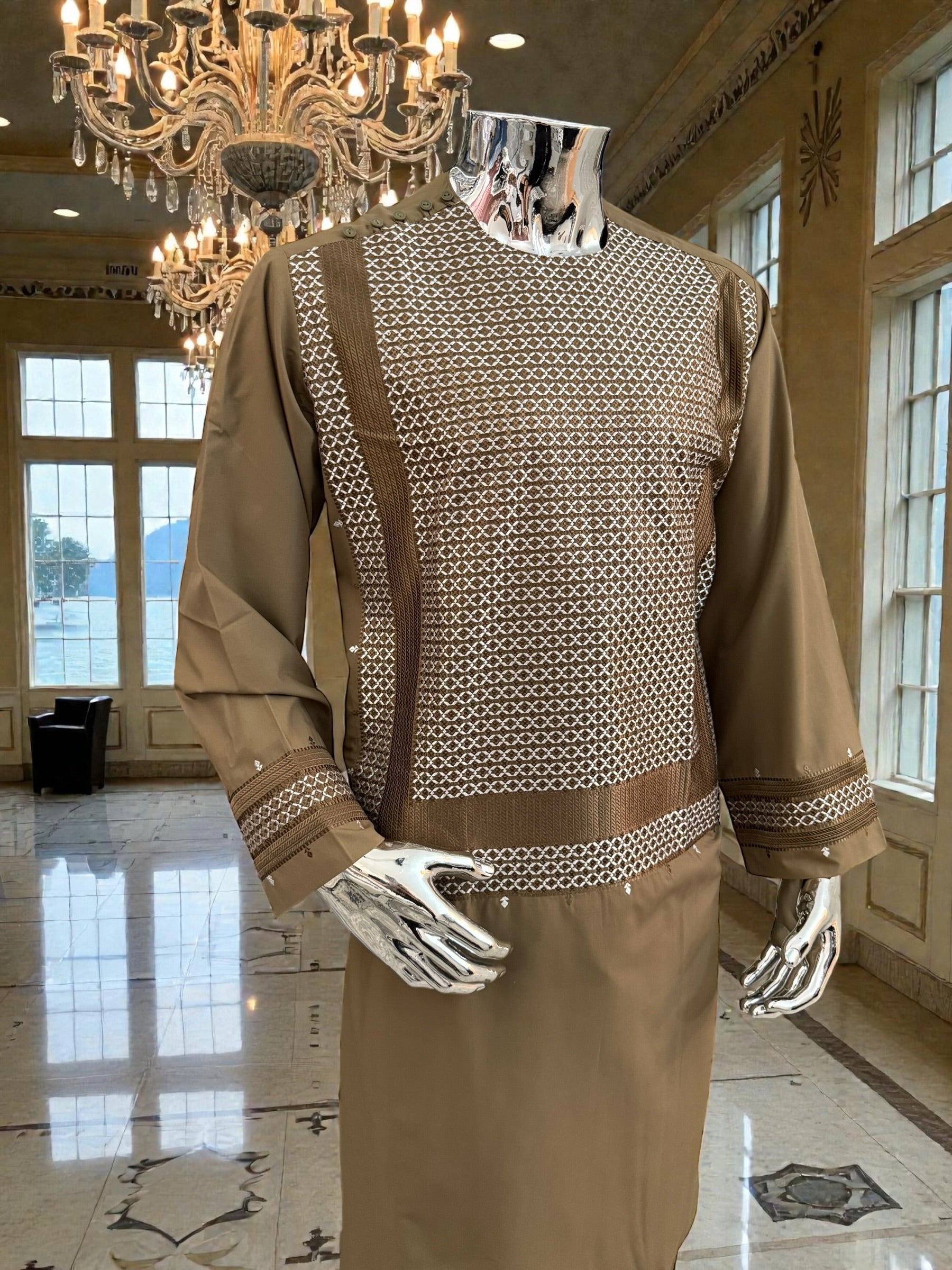 Men’s Camel Brown Parahan Tumban with Matching Embroidery – Afghan Traditional Outfit (Large)