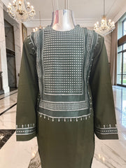 Kids Afghan Parahan Tunban (Shalwar Kameez) – Olive Green Embroidered Traditional Outfit for Boys Design #24