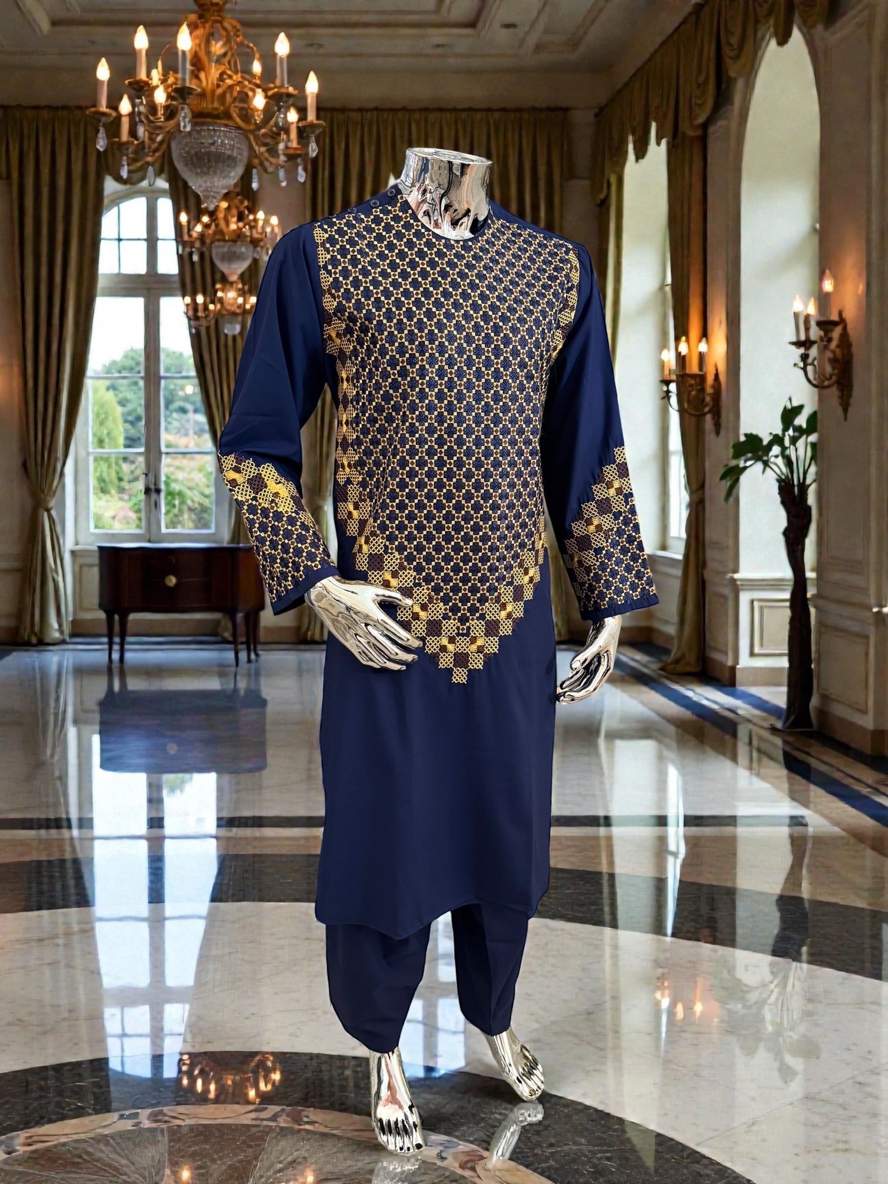 Men’s Navy Blue Kameez – Navy with Gold Machine Embroidery | XL Size Afghan Traditional Wear