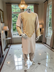 Men’s Beige Kameez with Embroidery – Large | Luqmaan Boutique